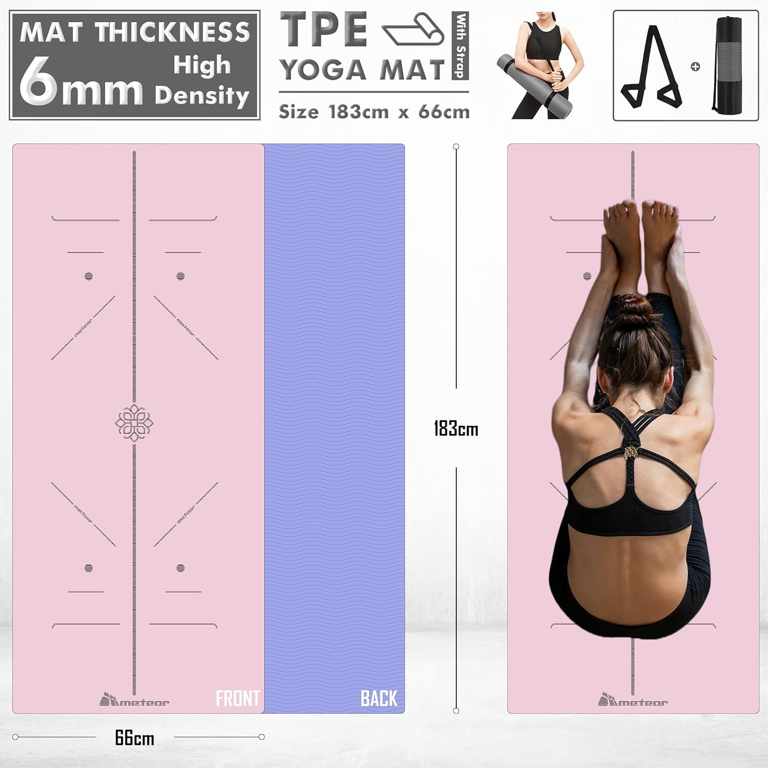 METEOR Essential 6Mm Dual-Tone Yoga Mat with Alignment Lines, TPE Yoga Mat Non-Slip Textured, High-Density Padding for Knee Comfort, Perfect for Yoga, Pilates and Fitness Exercise image number 6