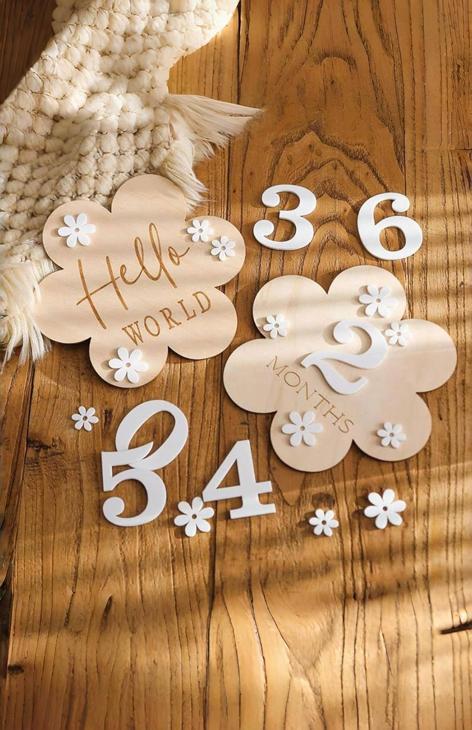 A Set of Baby 1-12 Months Wooden Milestone Baby Growth Record Photo Atmosphere Props,Memorial Photo Prop,Wooden Newborn Milestone Monthly Cards (A-White Number)