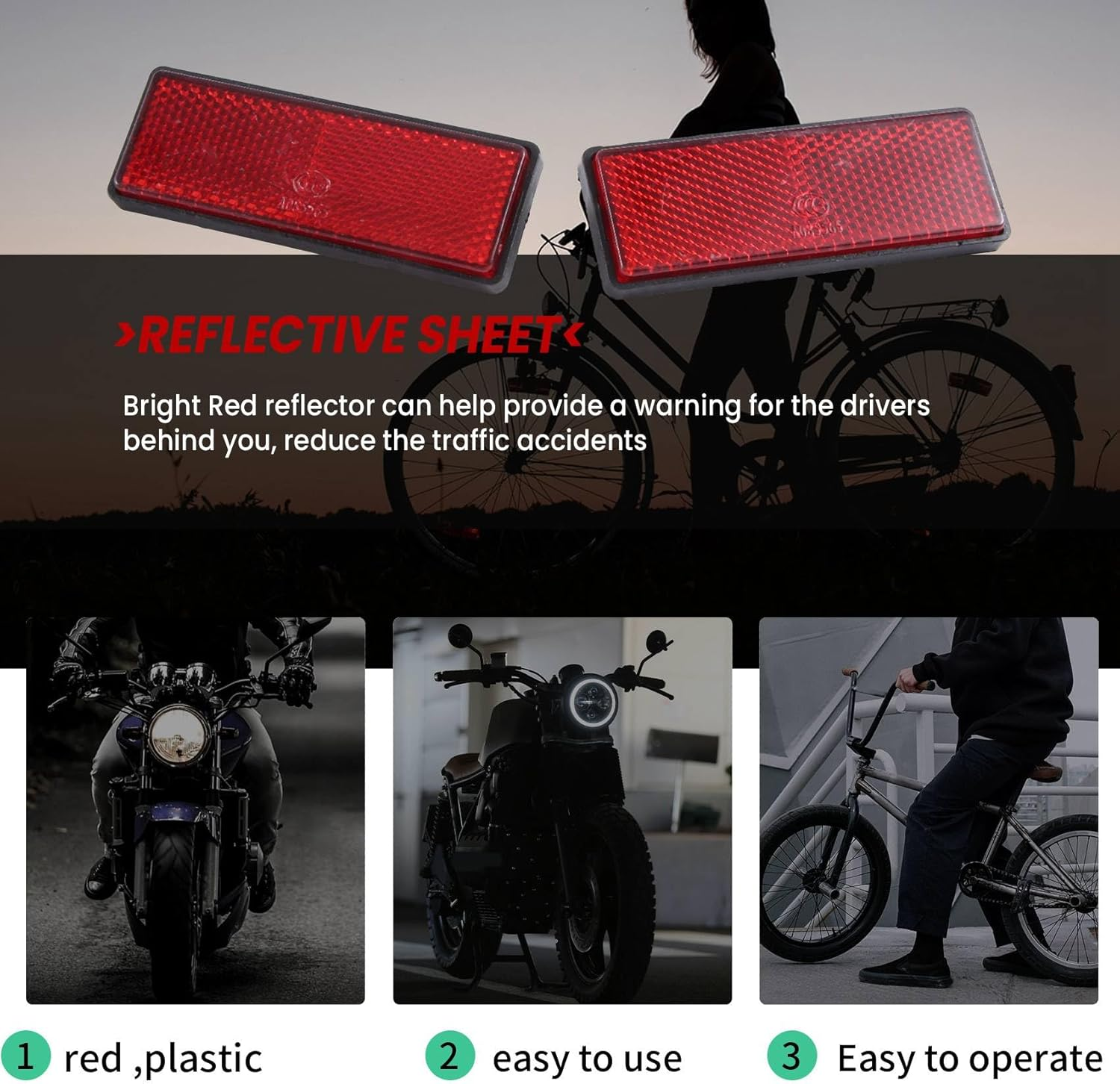 Rectangle Red Reflectors Universal for Motorcycles ATV Bikes Dirt Bikes image number 4