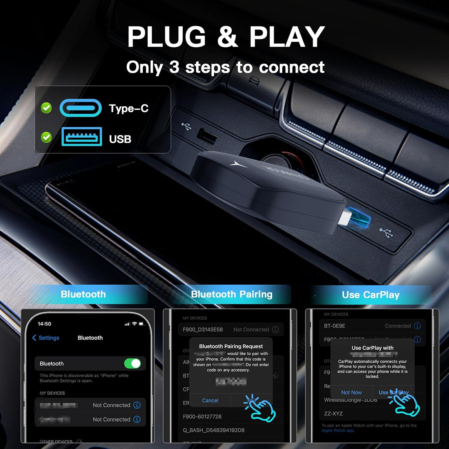 Wireless Carplay Adapter for Apple Iphone - Multi-User Seamless Connection, Plug and Play, Convert Wired to Wireless Car Play, with Extension Cable USB & Usb-C/Type-C, Ios 10+ image number 6