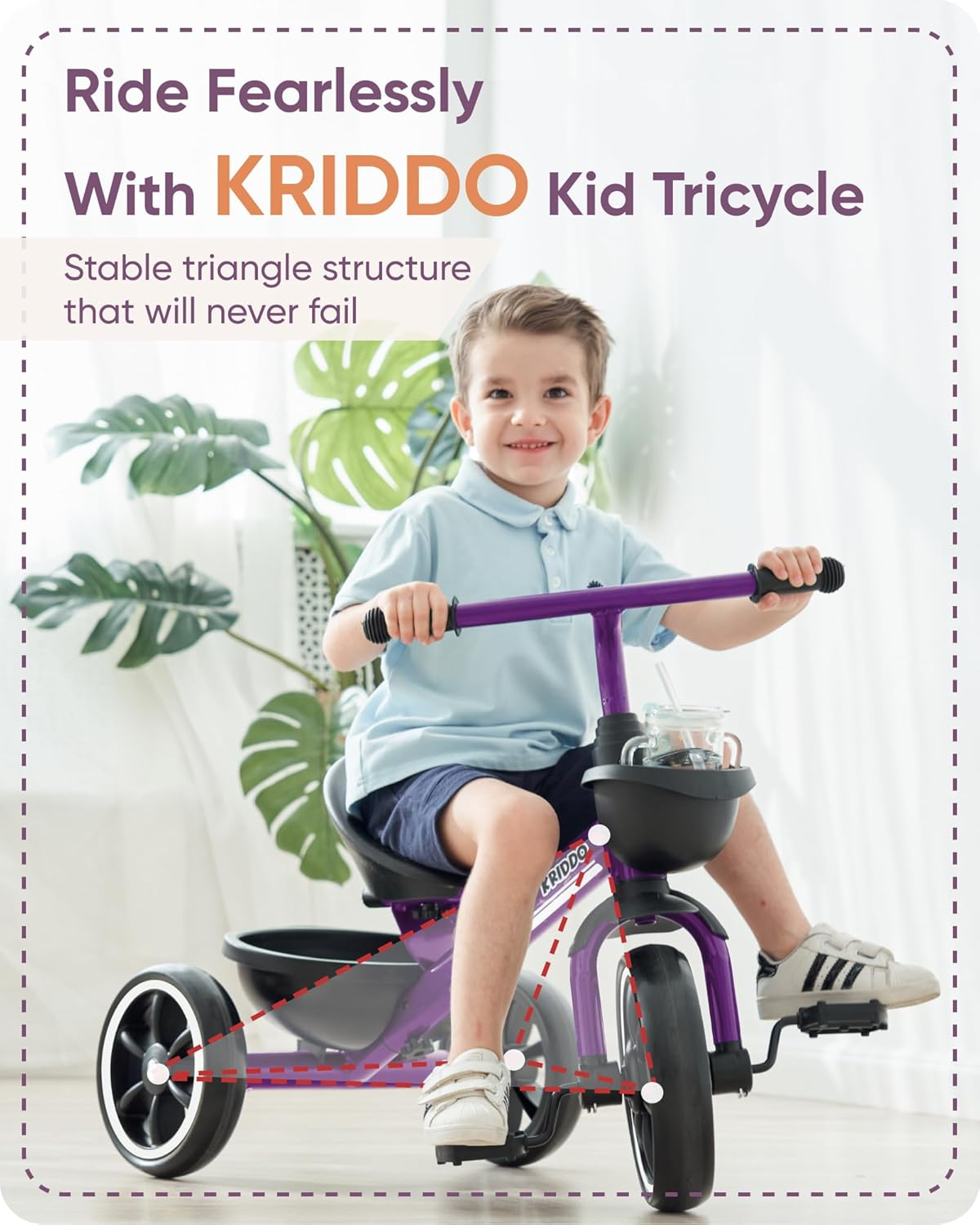 KRIDDO Kids Tricycles Age 24 Month to 4 Years, Toddler Kids Trike for 2.5 to 5 Year Old, Gift Toddler Tricycles for 2-4 Year Olds, Trikes for Toddlers, Purple