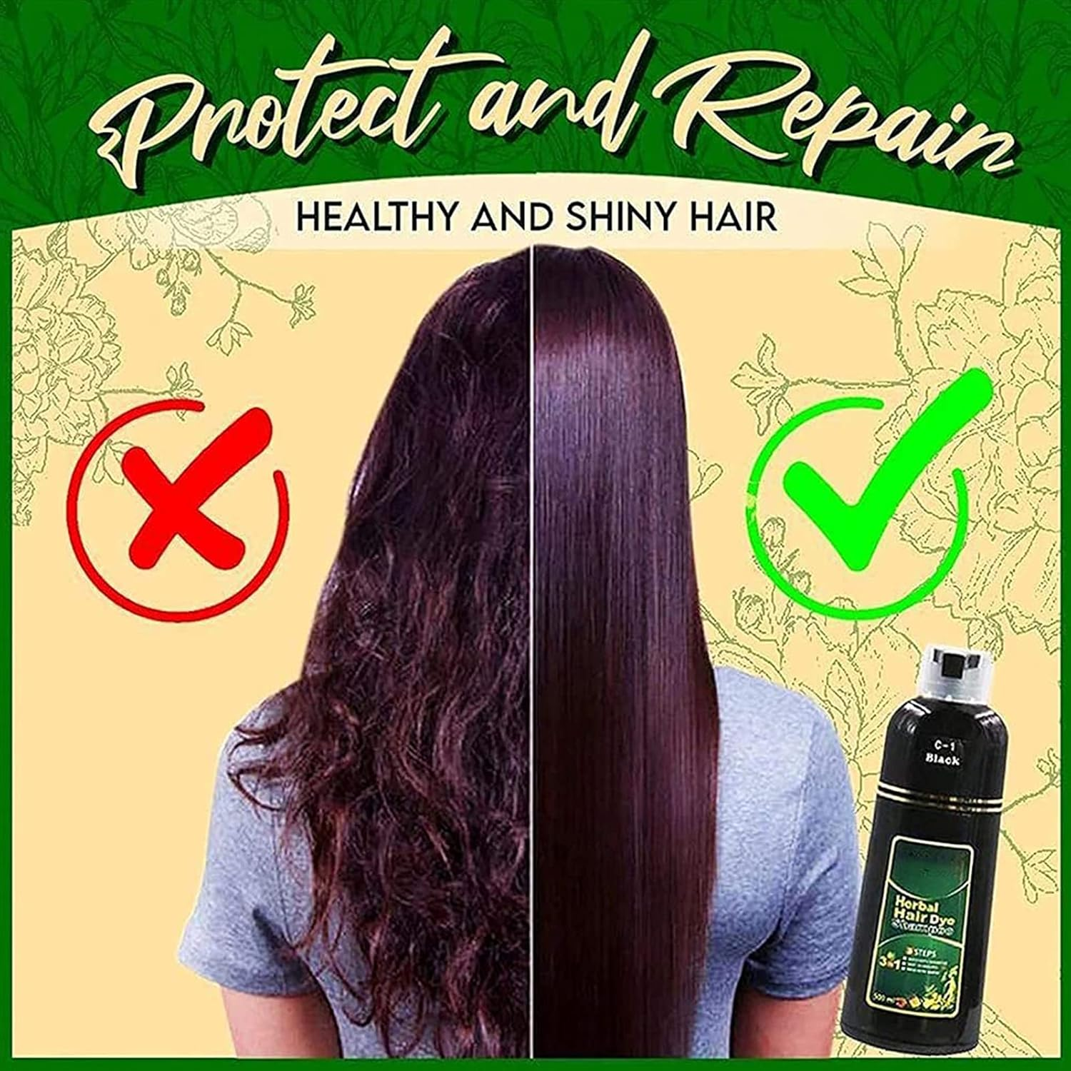 10 Mins Herbal Hair Darkening Shampoo, 500Ml Natural Herbal Hair Dye Shampoo 3 in 1, Multi-Color Hair Dye for Men and Women, Instant Shine Cares for Your Hair (Black)