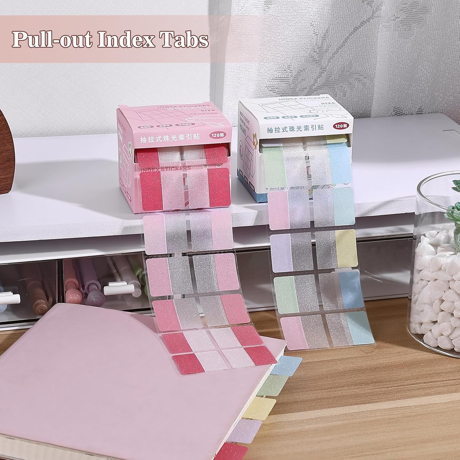 BAYTORY 240 Sheets Transparent Sticky Note, 11 X 9.8 Inch Pop-Out Book Annotating Tabs Glitter Roll Tape with Pull Out Dispenser Boxes, Memo Pads Sticker Label for Noting Writing (Pink & Colored) image number 5
