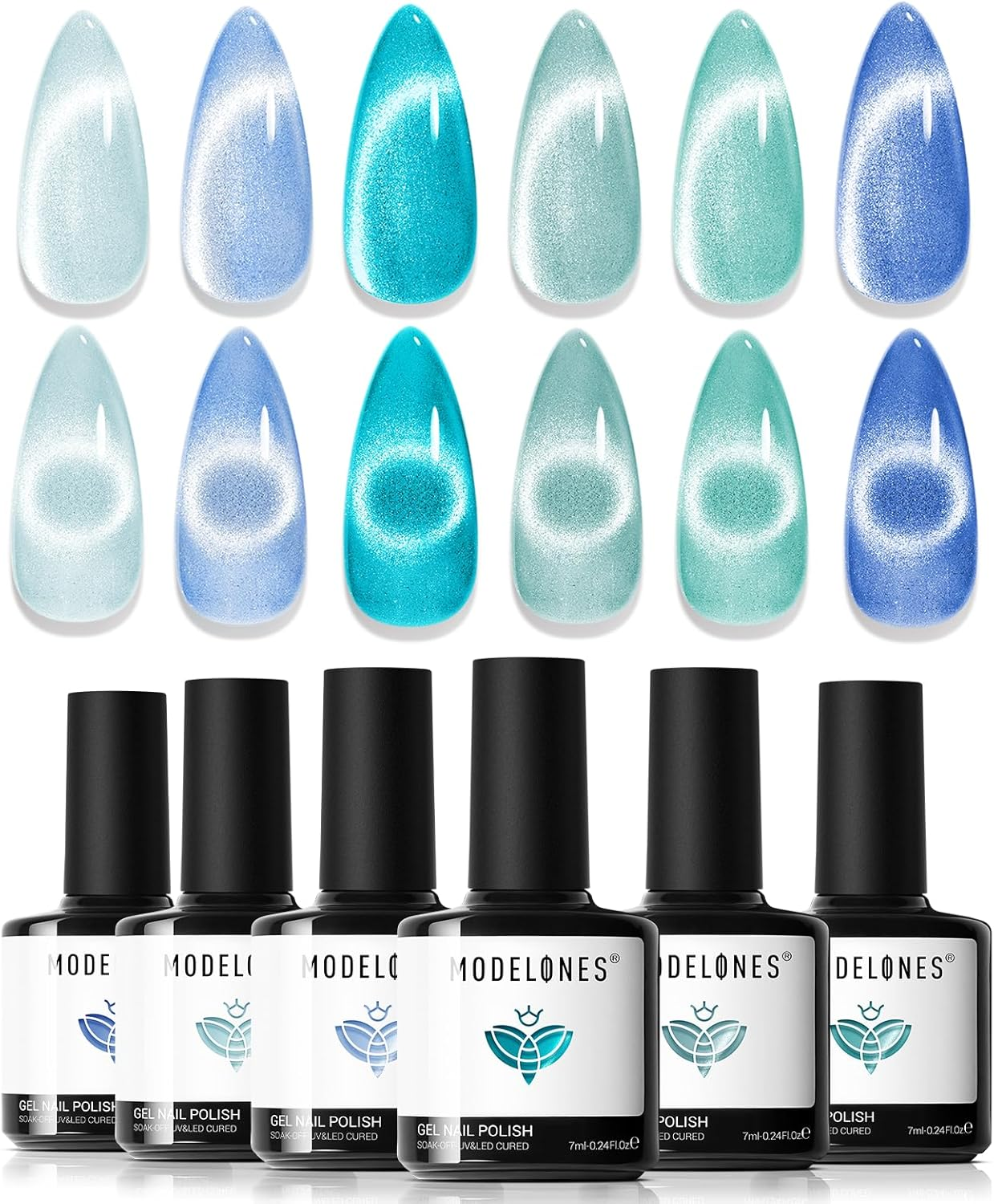 Modelones Cat Eye Gel Nail Polish Set, 6 Colors Light Baby Blue Green 9D Cat Eye Glitter Gel Polish with Magnetic Stick Summer Soak off LED Manicure DIY Salon Gift Starter Kit image number 3