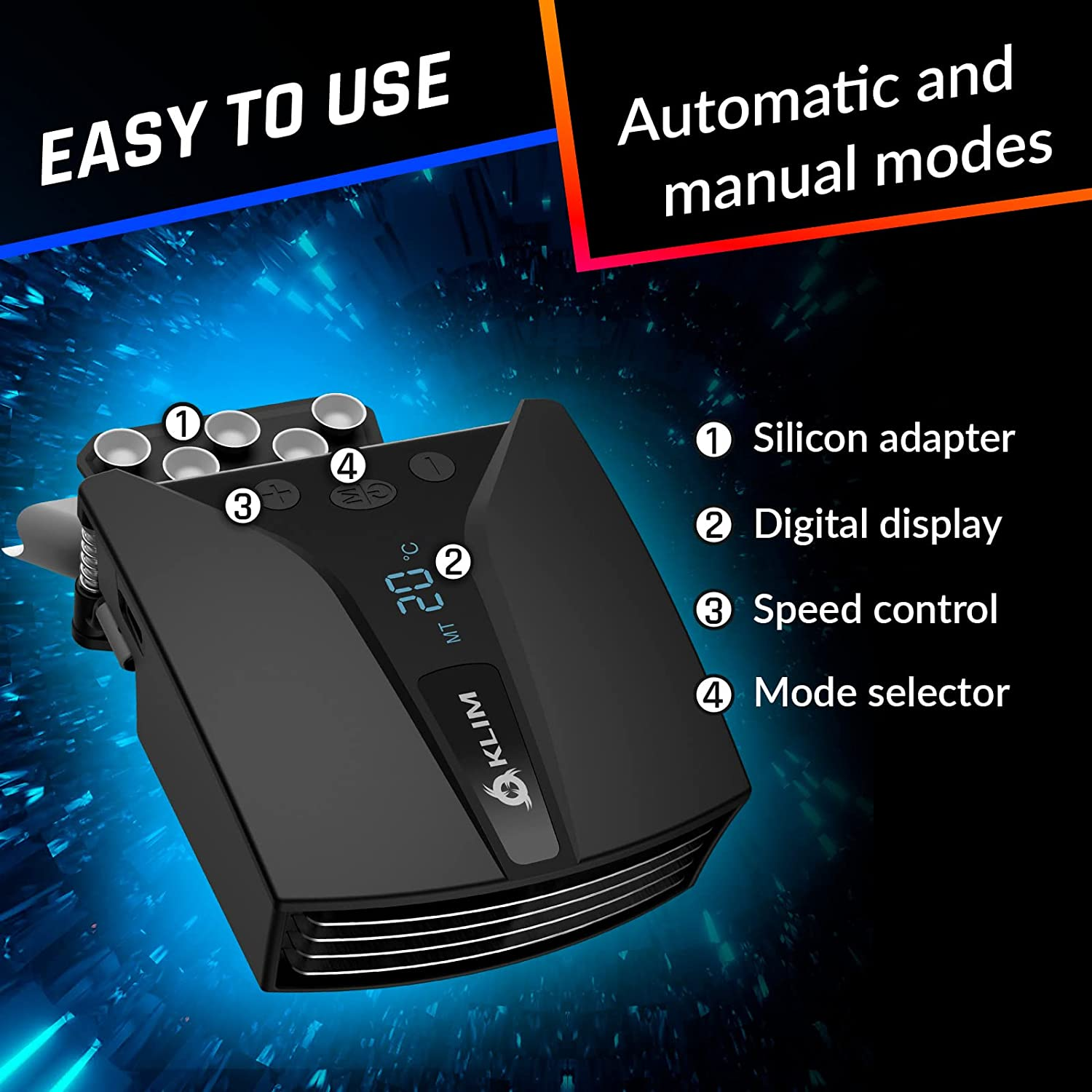 KLIM Tempest Laptop Cooler with Vacuum Fan - Gaming Fan with Display - Temperature Detection + Automatic/Manual Mode - 4000 RPM - Portable - Compatible with Cooling Pads image number 5