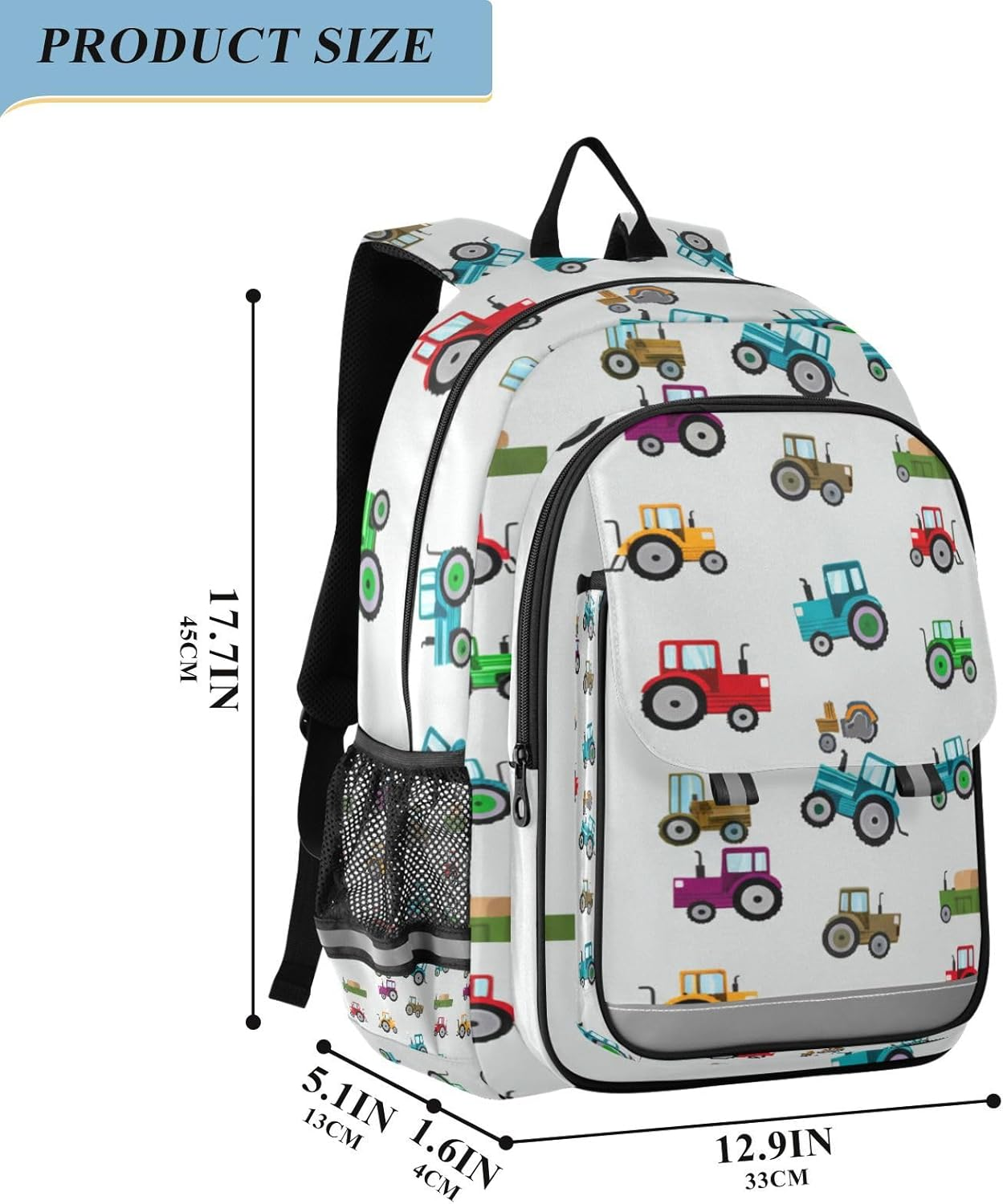 RPLIFE Colorful Tractors Gray Kid Bookbag 17 Inch Backpack for Elementary School, Colorful Tractors Gray, One Size, Traditional Backpacks image number 4