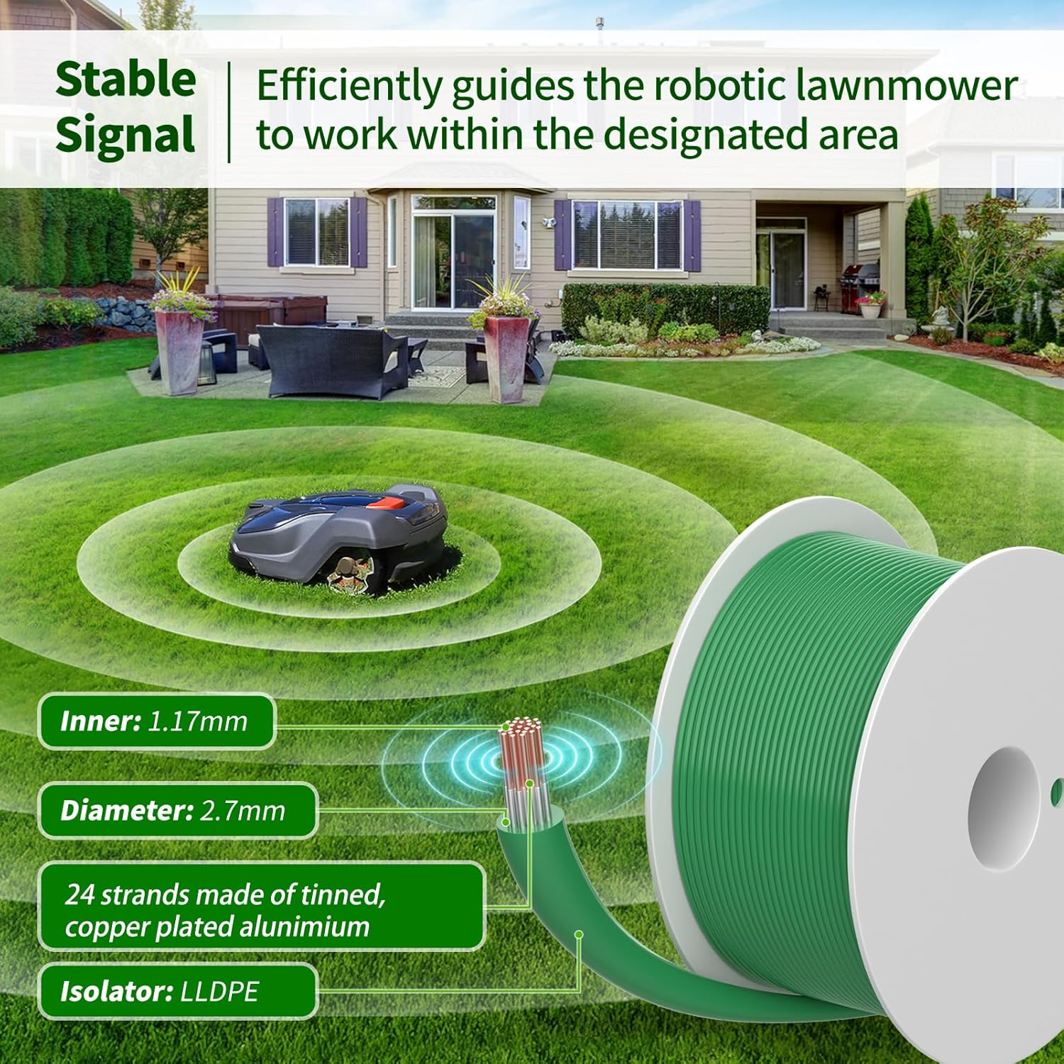100 M Universal Boundary Cable for Robotic Lawnmower - Headley Tools Boundary Wire Contains 50 X Pegs + 10 X Cable Connectors + 9 X Titanium Blades Compatible with Gardena/Husqvarna/Worx
