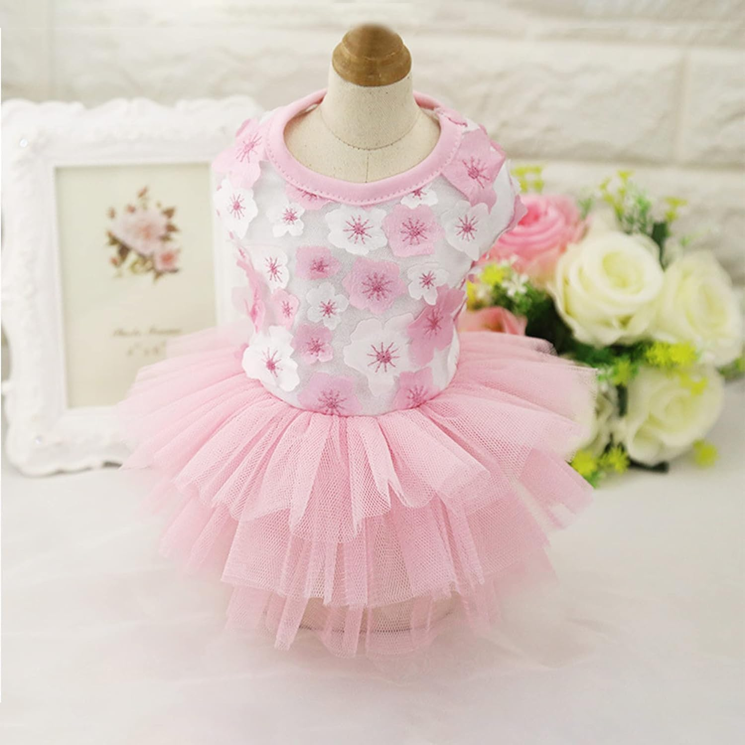 Dog Princess Dress, Dog Skirt Wedding Dress Summer Peach Blossom Petal Embroidery Tulle Ruffle Dresses Birthday Party Costume for Small Dog Girl Apparel (Pink, M) image number 2