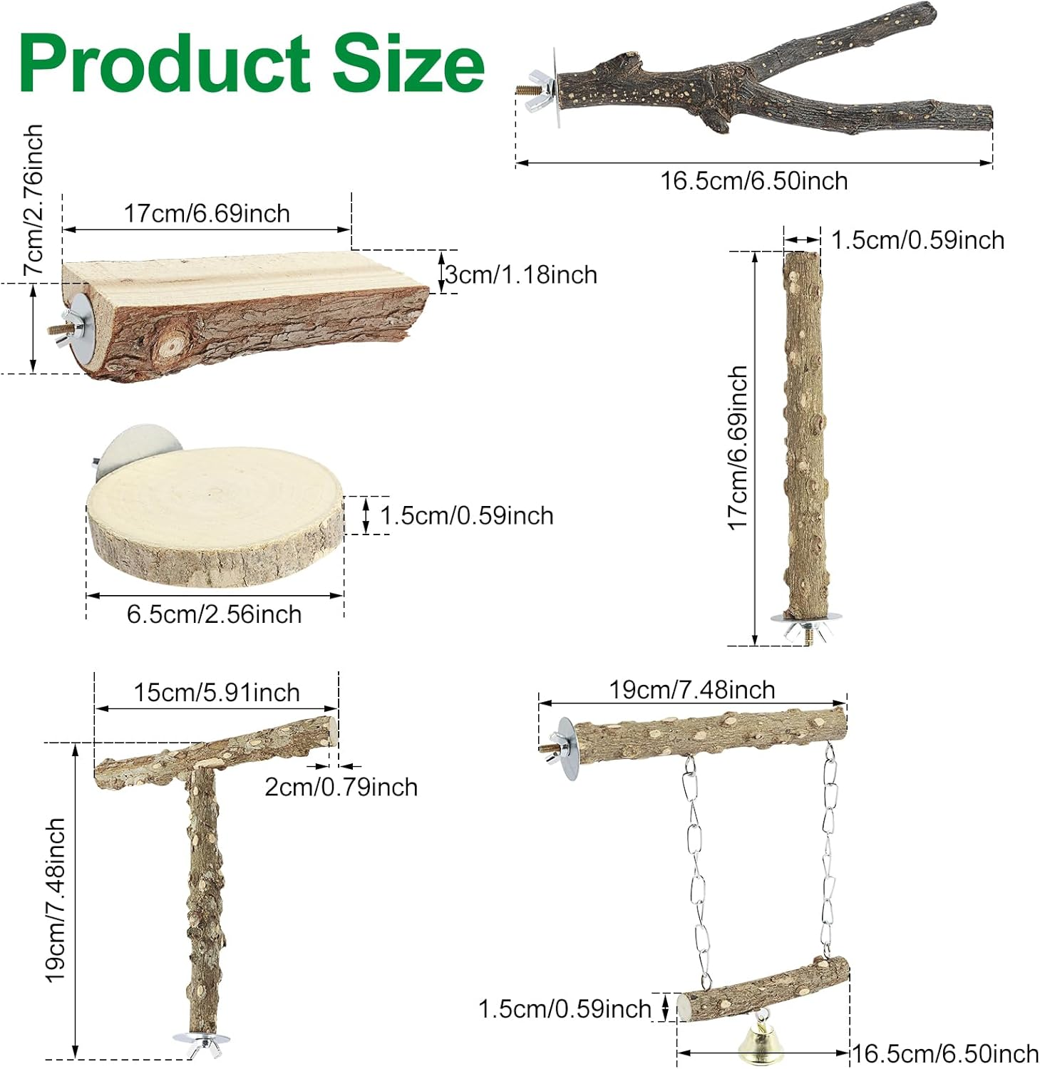 6 Pcs Natural Wood Bird Perch, Enduring Parrot Perch, Environment Friendly Bird Perch, Stand Safe Reliable Bird Perch, Non Toxic Parrot Perch Easy to Install Bird Perch Stand for Parakeet Cockatiels