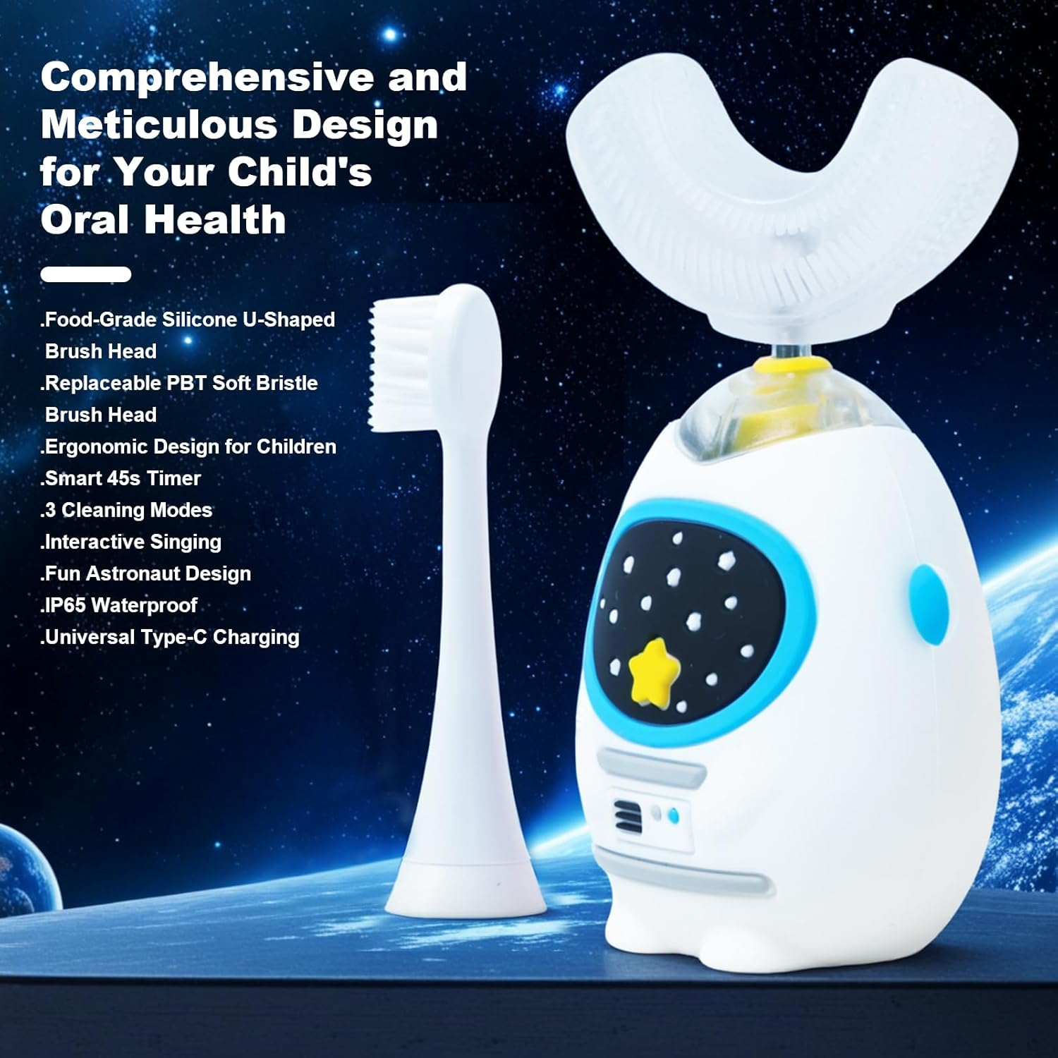 Fanhwadaimung Kids U Shaped Electric Toothbrush with Music, 360&deg; Deep Cleaning, 3 Modes, Voice Teaching, 45S Smart Timer, Type-C Charging, Waterproof Astronaut Design, for Ages 3-12 (Heroic White) image number 3