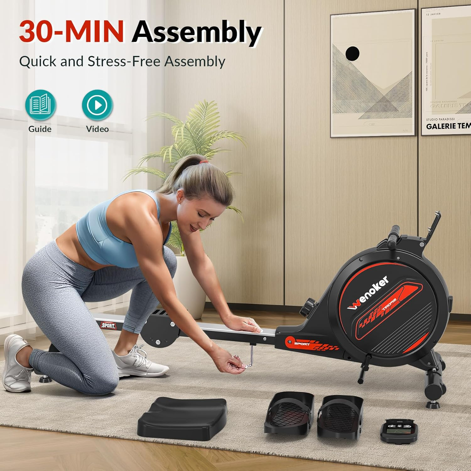 Rowing Machine,Wenoker Magnetic Rower Machine for Home,350 LB Weight Capacity, Smooth Whisper Quiet with Digital Display Tablet Holder & Comfortable Seat Cushion, Compact and Saves Space image number 2