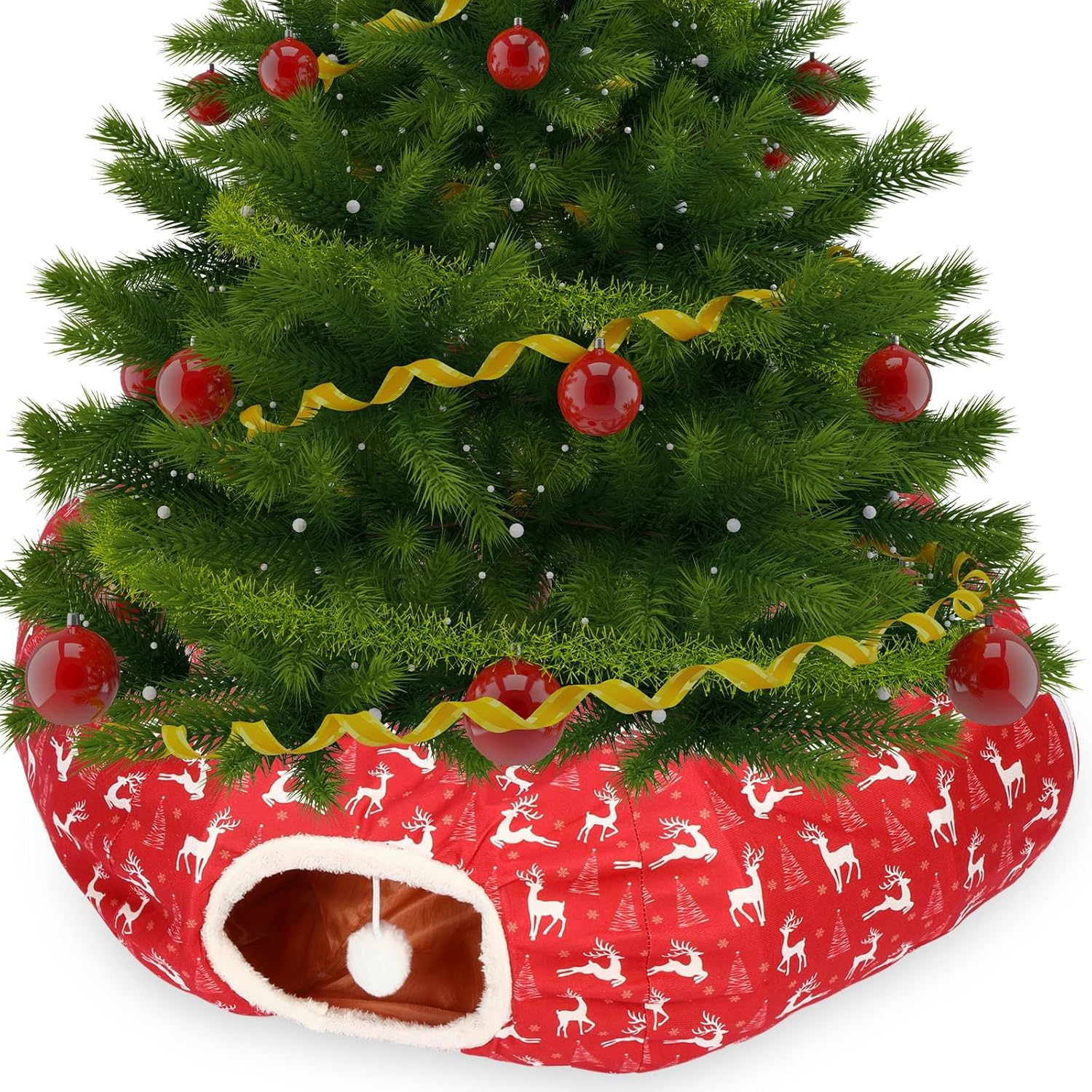 Yeyeplum Cat Tunnel Bed Indoor 3 Ft X 3 Ft X 10 Inch Kitten Donut Tunnel with Ball Peekaboo Cat Cave Summer Pet Bed round Hideaway Holiday Circle Cave Pets Gift(Green,Santa Claus)