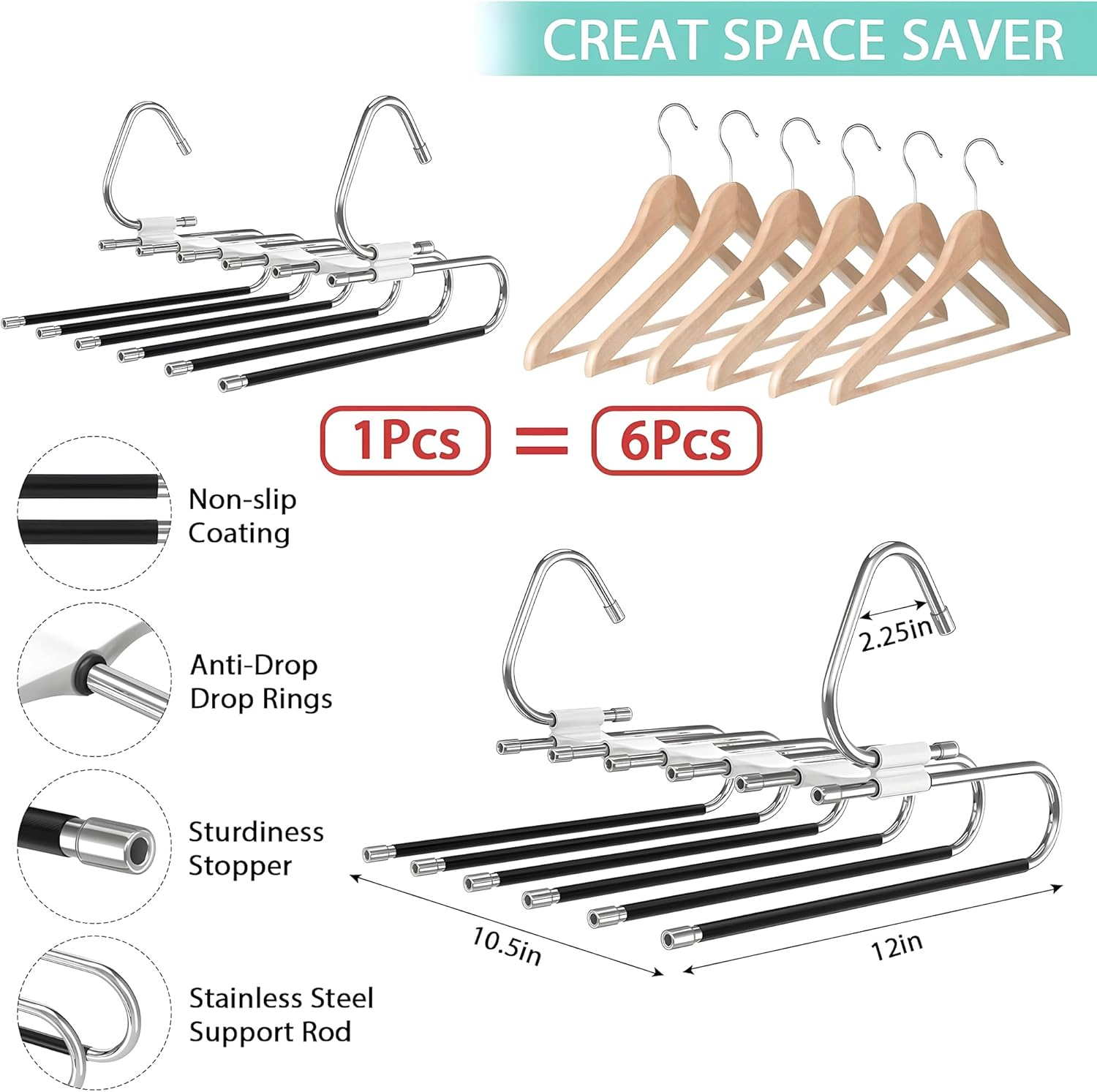 JZS 2-Pack Space-Saving Pants Hangers with S-Type Stainless Steel & Anti-Slip Design for Jeans, Trousers image number 1