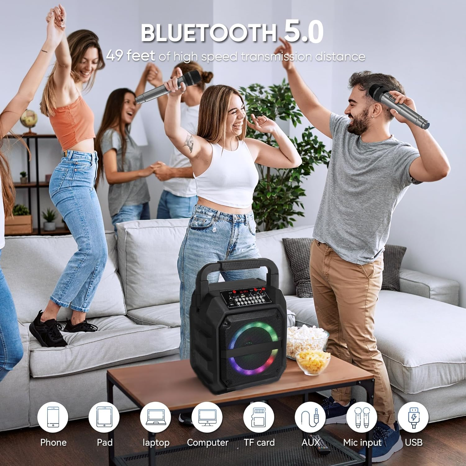 Portable Karaoke Machine with 2 Wireless Mics,Bluetooth Speaker & TWS Mode, W/6.5" Subwoofer,Ai Voice Changer, PA System for Home/Party/Outdoor, AUX/USB/TF Card/Fm & Live Recording, 8H Playtime