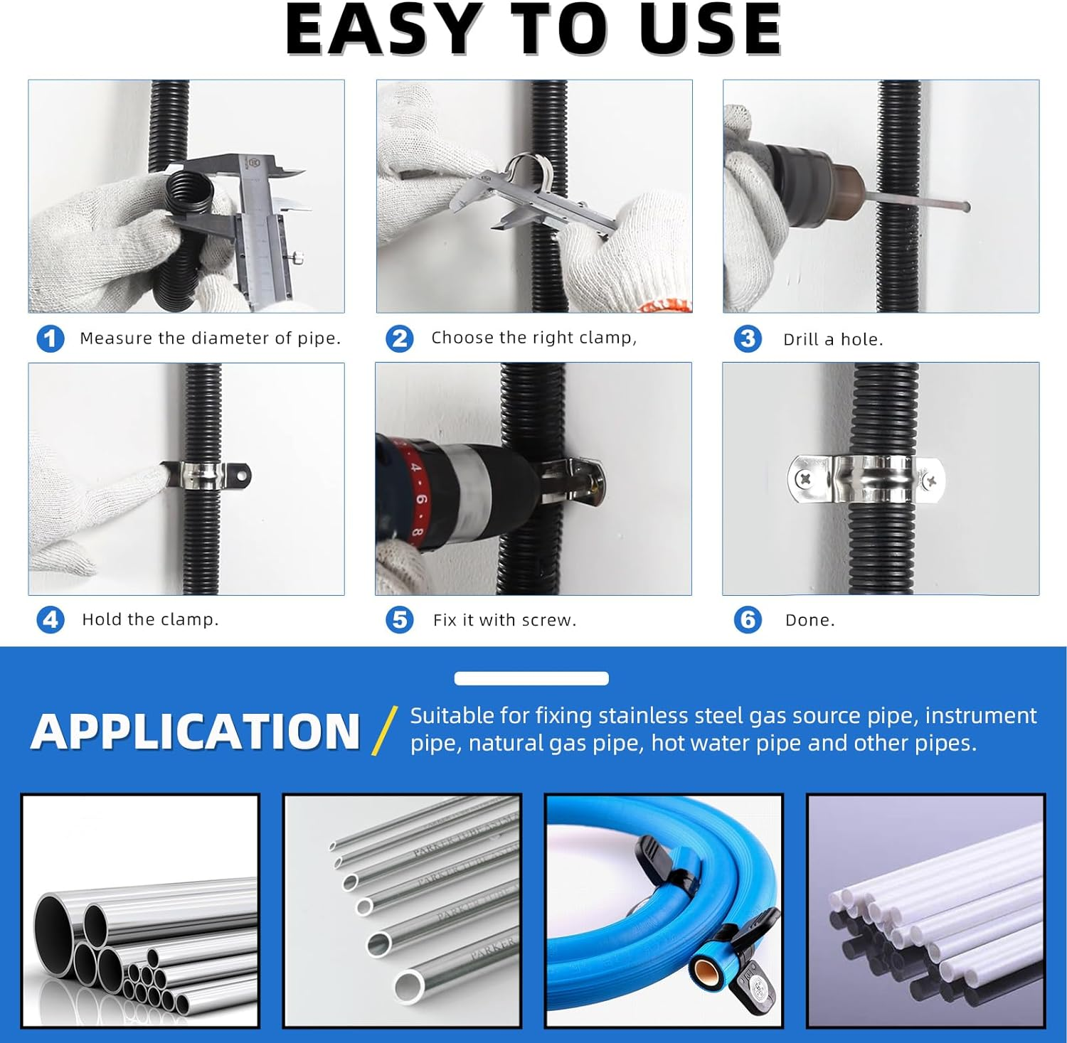 Glarks 50Pcs M8 Pipe Strap Clamp, 304 Stainless Steel 2 Hole Strap Heavy Duty Rigid Pipe Strap U Bracket Tube Strap Cable Clamp Hanger Tension Tube Clip for Pipe Tube Cable Fixing (12Mm (1/2")) image number 5