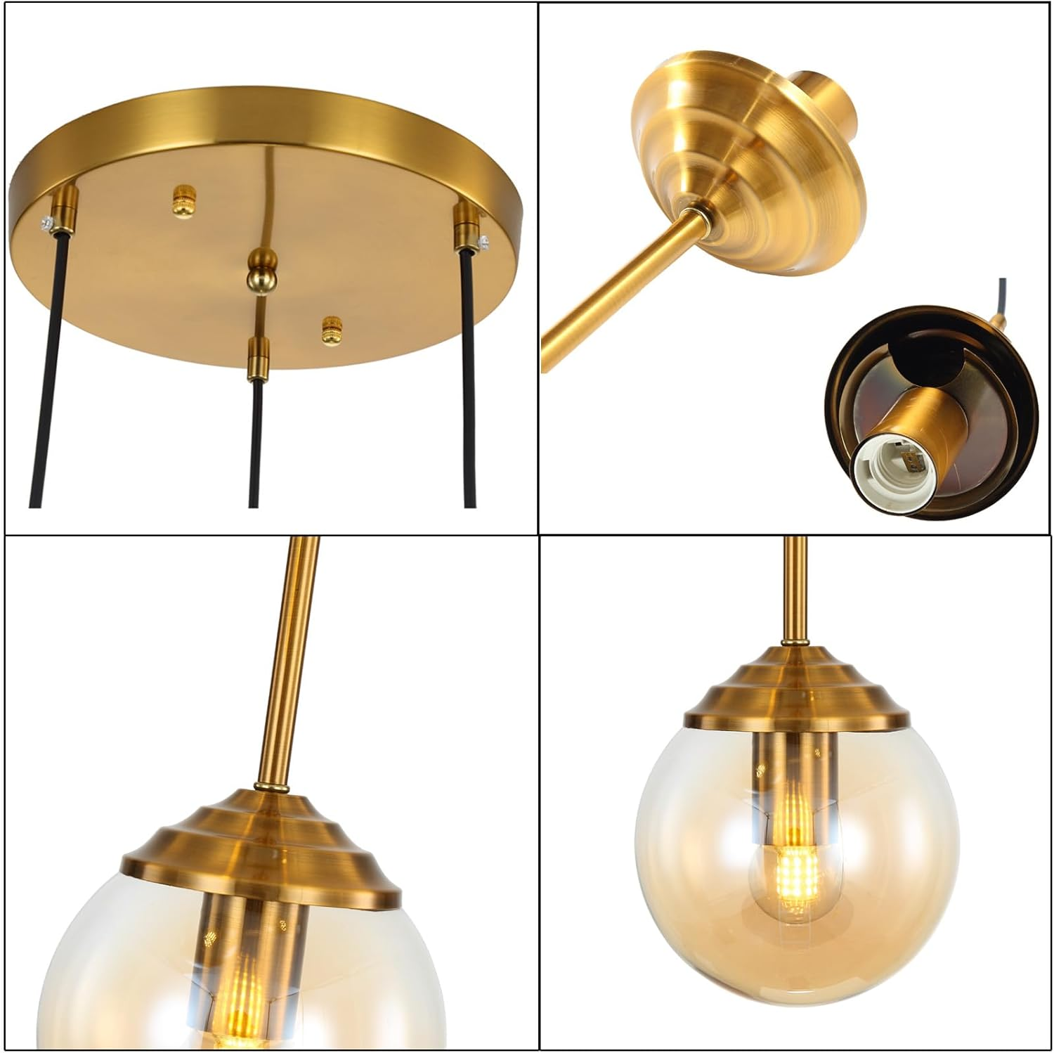 Industrial Vintage 3 Lights Pendant Light,Glass Globe 3 Pendants Ceiling Light, Brass E27 Hanging Lamp Cluster over Kitchen Island & Dining Room Table (Amber) image number 5