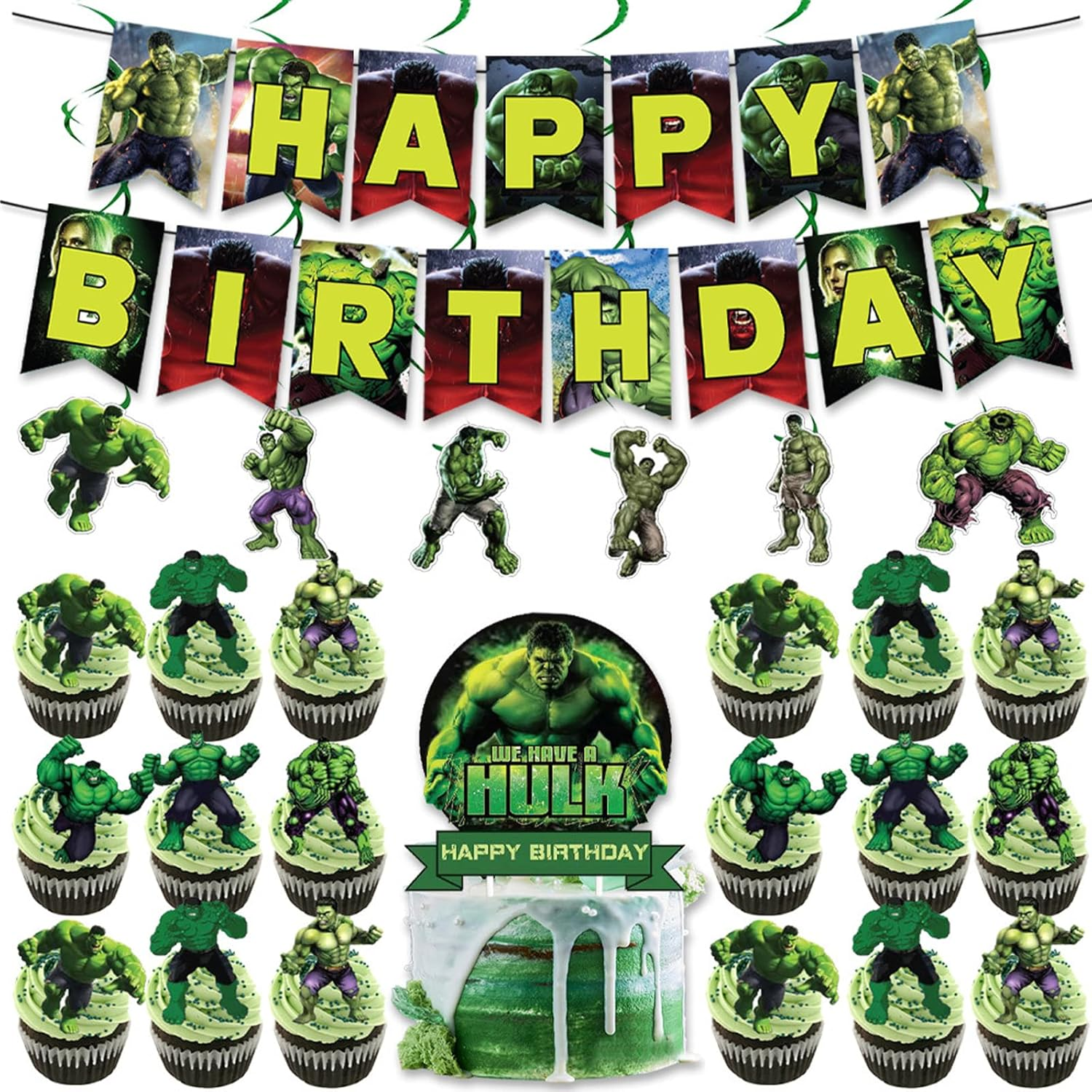FAMILIO 46 Pcs Hulk Cartoon Party Decoration -Cartoon Character Party Supplies Cartoon Theme Birthday Party Decorations for Kids Adults with Cake Topper for Boys Girls Party image number 5