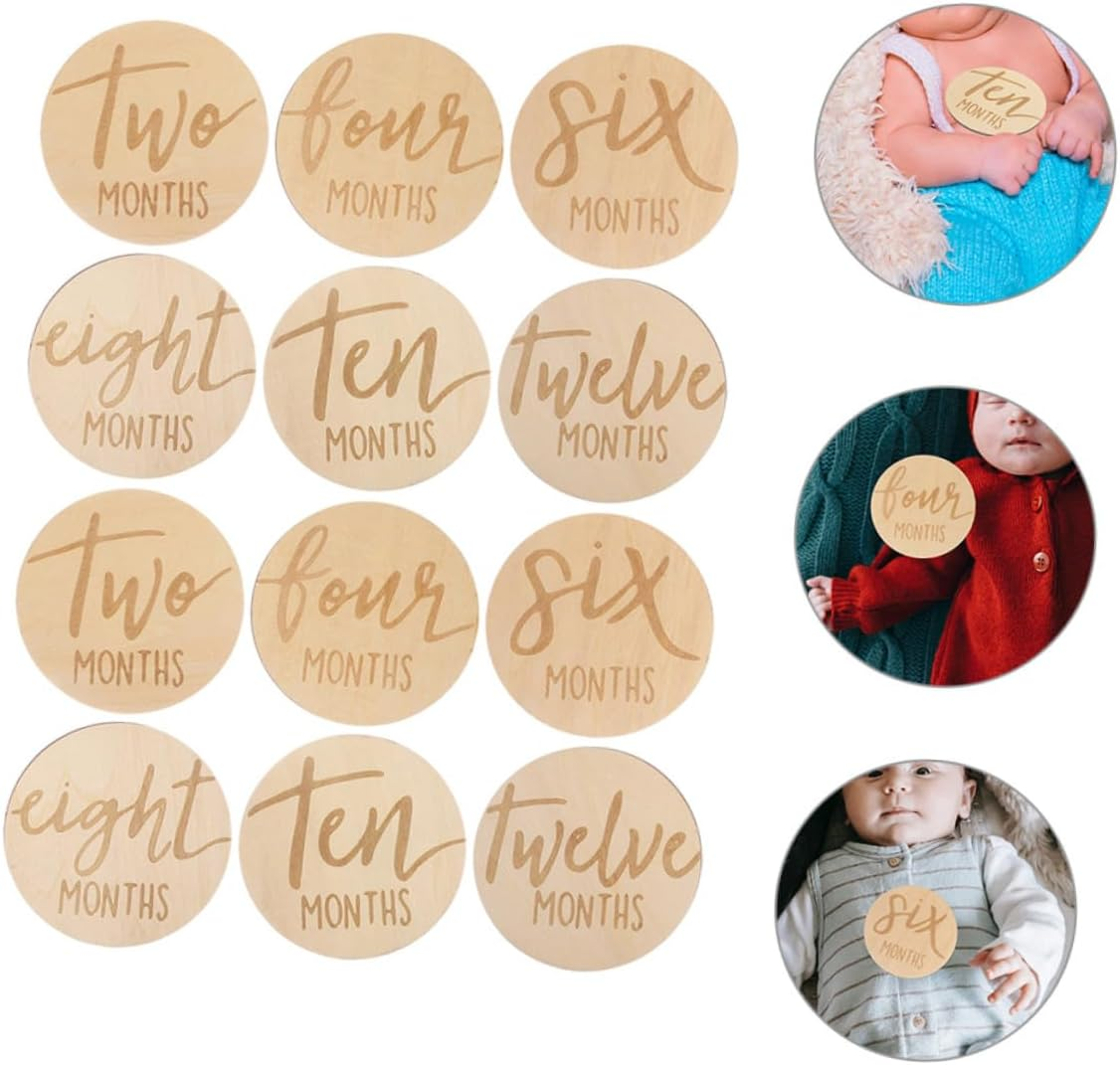 12 Pcs Double Sided Wooden round Monthly Milestone Discs Growth Marker Photo Props Pregnancy Journey Sign Durable and Sturdy Room Decor Parents image number 2