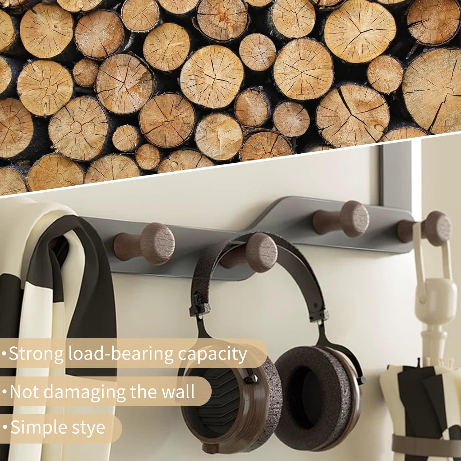 Over the Door Hooks Hanger for Clothes with 6 Wooden Door Hooks Sturdy Towel Rack Heavy Duty Coat Hooks on Back of Bathroom Bedroom Closet Doors for Hanging Clothes Hat Towels Umbrellas Key (Grey) image number 3