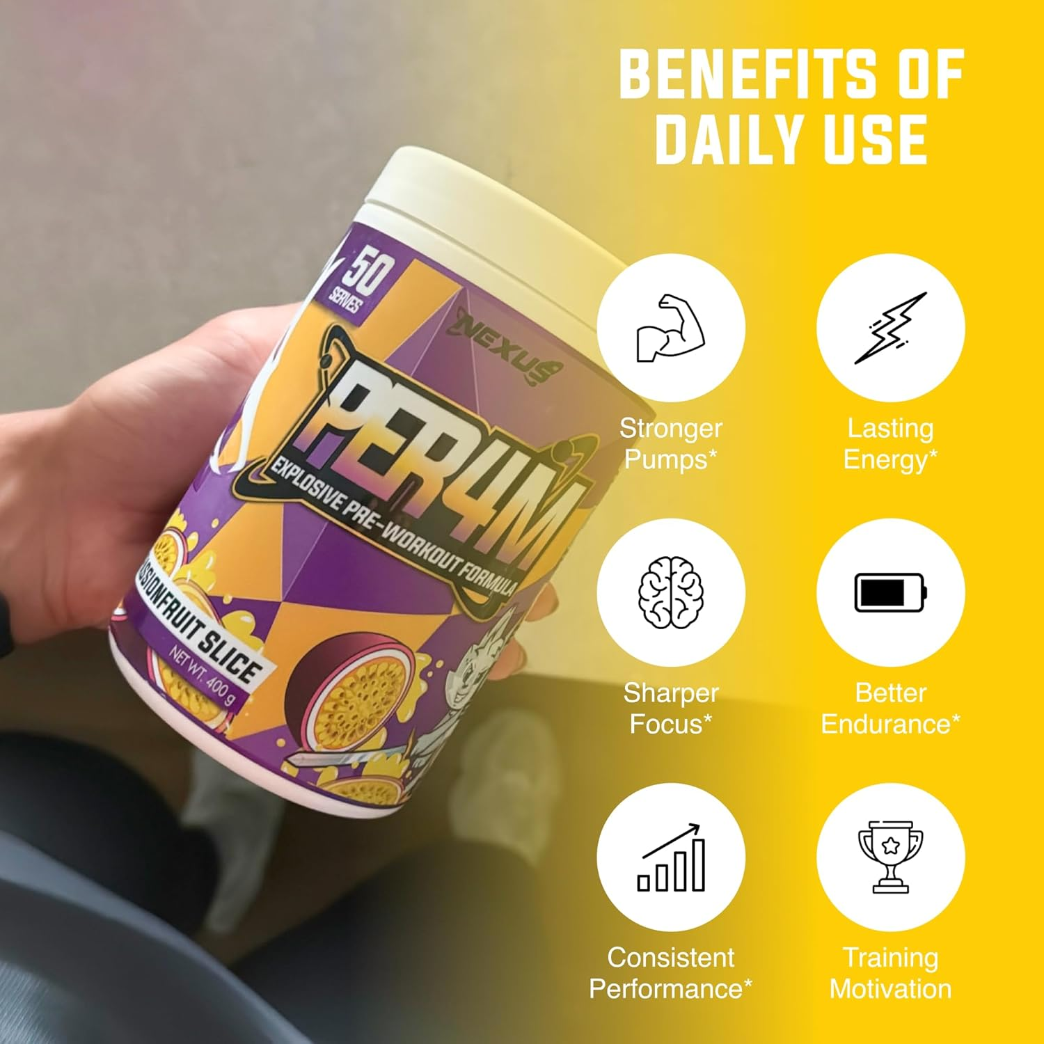 Nexus PER4M Pre Workout Powder Supplement, English Walnut, Alpha GPC, Caffeine Anhydrous, L-Citrulline, Beta Alanine, Taurine, L-Tyrosine, Dairy & Gluten-Free, 50 Servings (400G) (Passionfruit Slice) image number 2