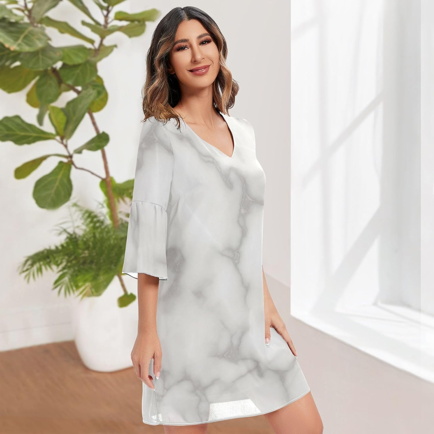Marble Grey Elegant V Neck Dress Printed Line Maternity Dress image number 5
