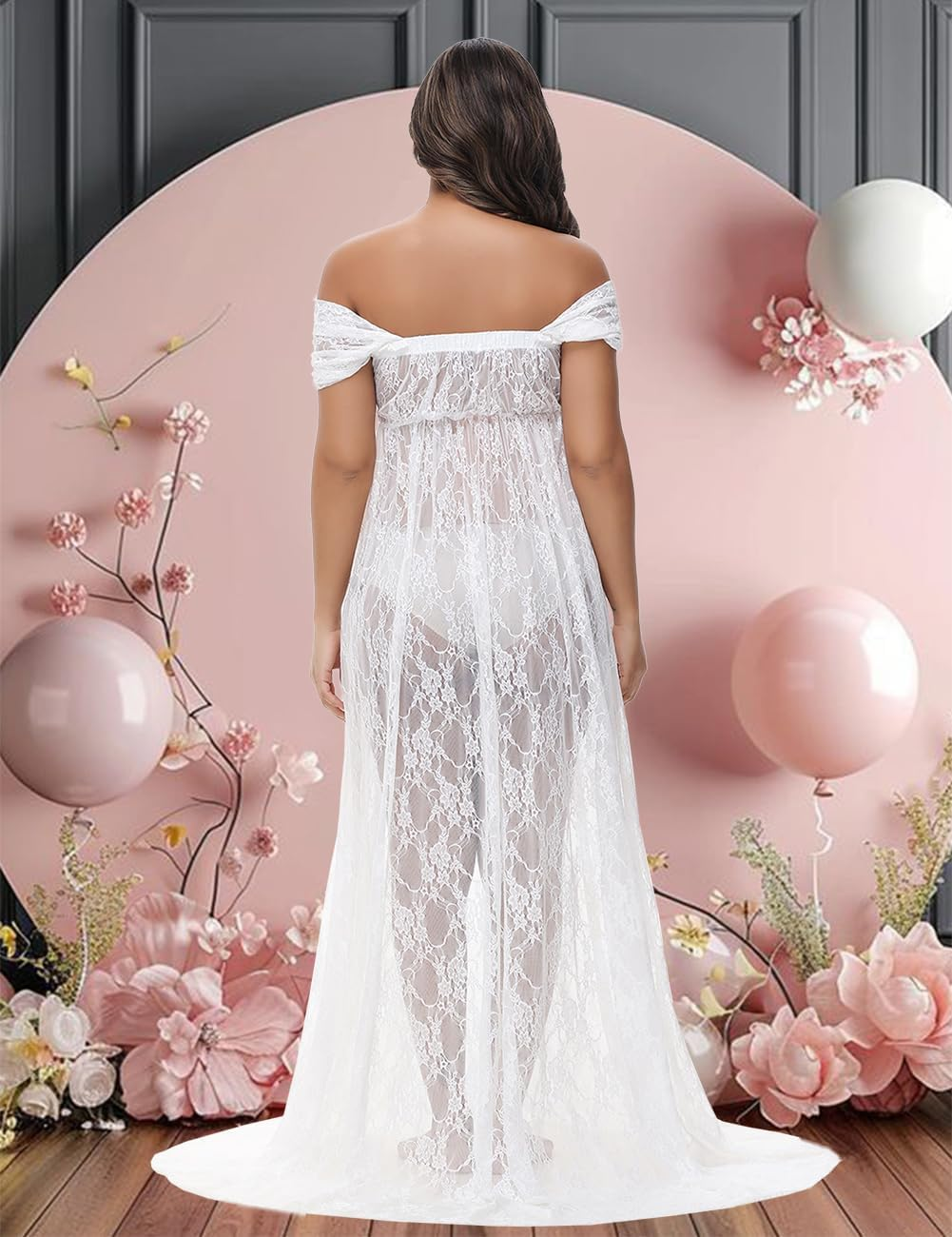 Justvh Maternity Dress for Photoshoot Chiffon off Shoulder Split Maxi Photography Gown with Flowy Long Train image number 2