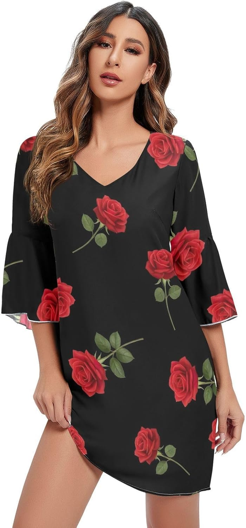 Red Roses Green Leaves Black Western a Line Dress Printed Line Maternity Dress image number 1