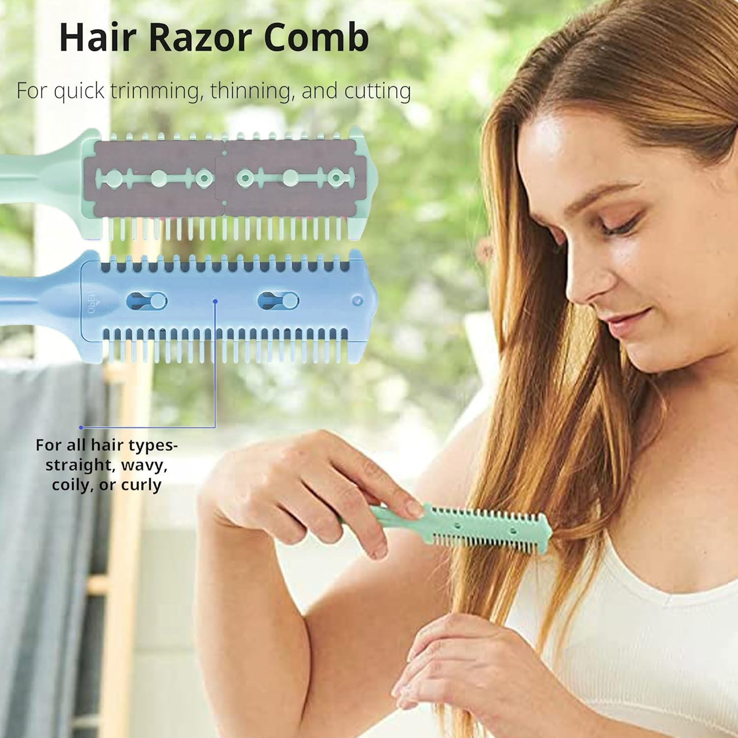 Soft 'N Style 3 Pack Double-Sided Hair Trimmer Comb - Split Ends Razor Styler for Thin and Thick Hair Cutting and Styling (Green, Black, Blue) image number 2