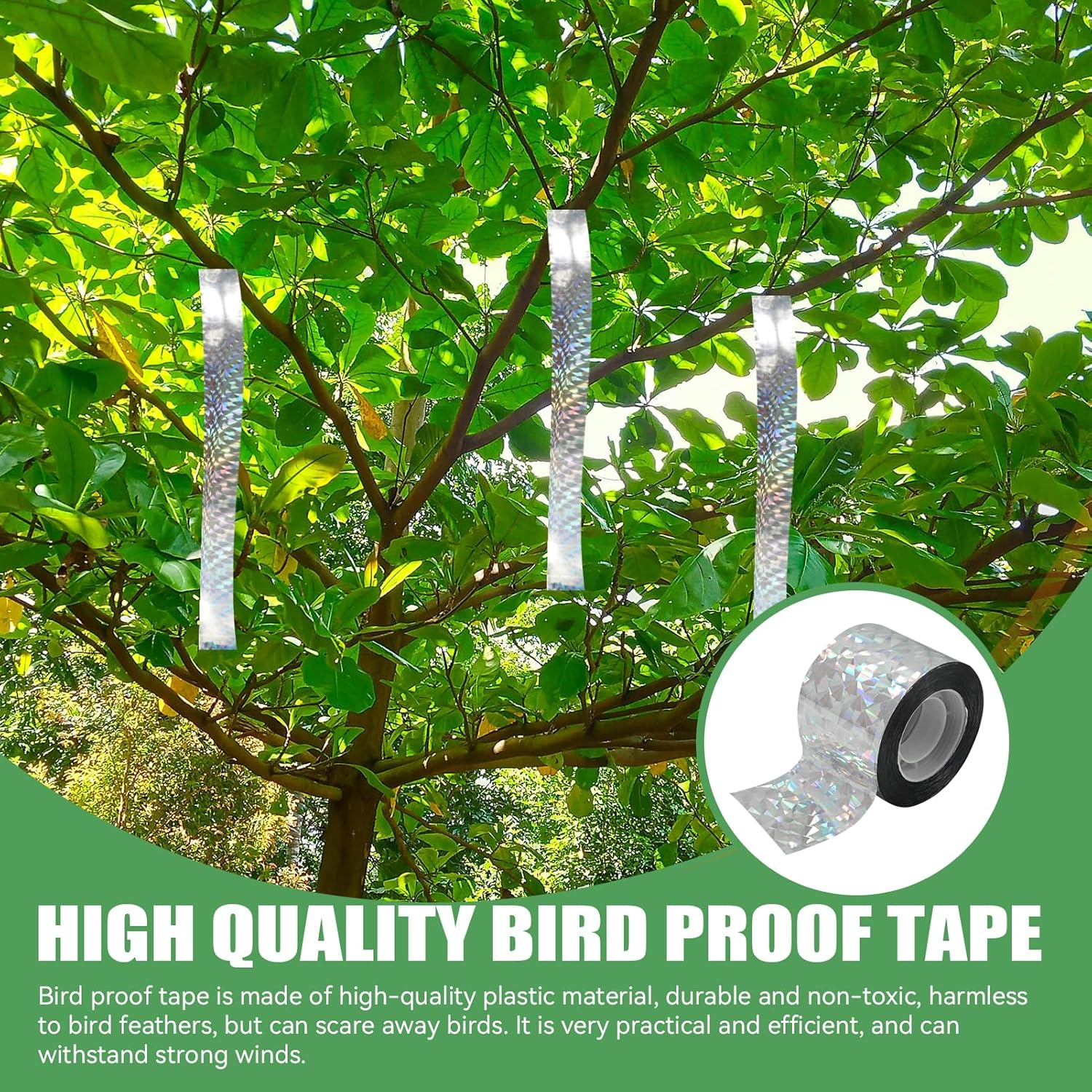 2 Pcs Bird Reflective Tape, Bird Scare Repellent Deterrent Dual Sided Widening Tape, 4.8CM & 160M, for Garden Orchard Balcony Roof Farm Patio Tree Crop Protection Decoration image number 6