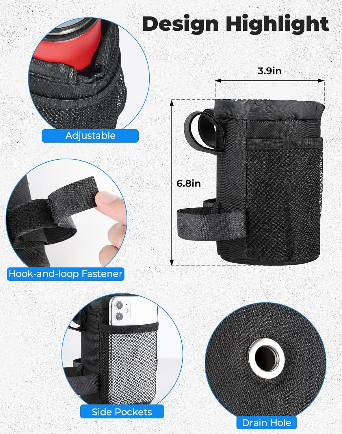 KEMIMOTO Bike Cup Holder, Bike Water Bottle Holder Handlebar with Mesh Pockets Oxford Fabric Bicycle Drink Cup Holder for Mountain Bike Road Kids Bikes E-Bike Cruiser Wheelchair Scooter up to 32Oz image number 5