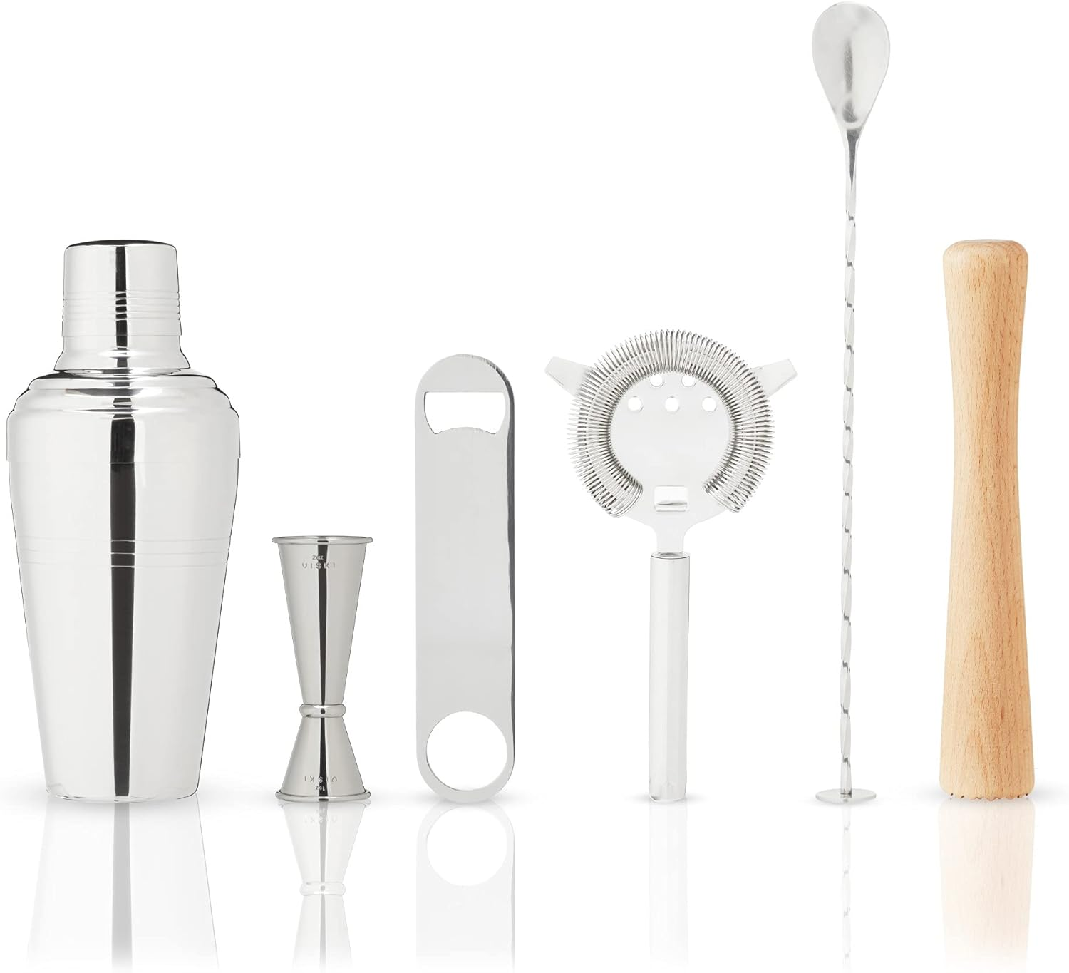 Viski Travel Bartender Kit 6Pc Set, Drink Mixers for Cocktails Gift Essentials: Classic Cobbler Shaker, Hawthorne Strainer, Bottle Opener, Jigger, Barspoon, Muddler & Canvas Carry Bag image number 4