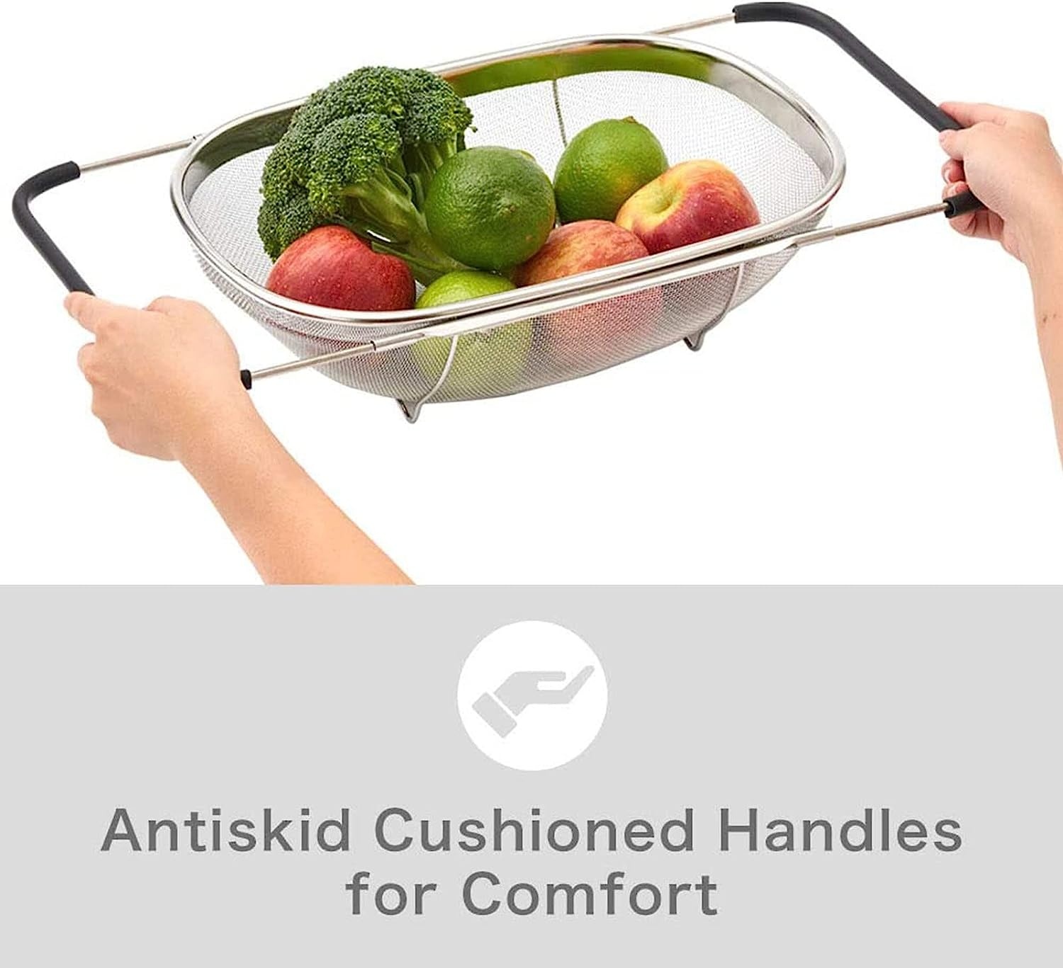 AJIODA over the Sink Colander, 6 Quarts Stainless Steel Oval Colander with Expandable Rubber Grip Handle, Fine Mesh Strainer Baskets Kitchen Colander for Strain, Drain, Rinse Vegetables, Fruits, Black image number 6