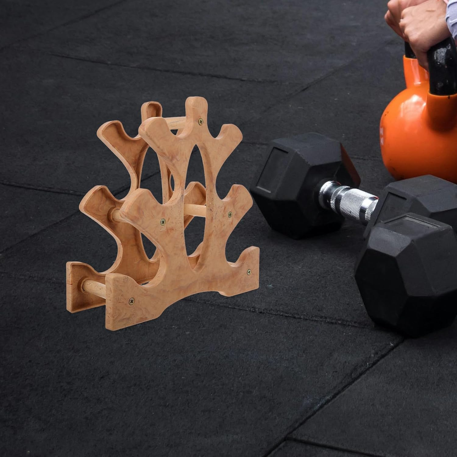 KESYOO Wooden 3-Tier Dumbbell Rack Stand for Home Gym Weight Storage Organizer Small Fitness Equipment Holder for Exercise Training and Weight Plate Saver image number 4