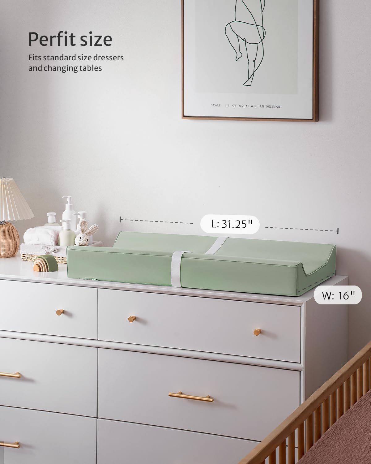 Blissful Diary Vegan Leather Baby Changing Pad with Waterproof & Wipe-Clean PU Cover, Standard Size Cozy Diaper Changing Pad for Dresser and Table, Light Green