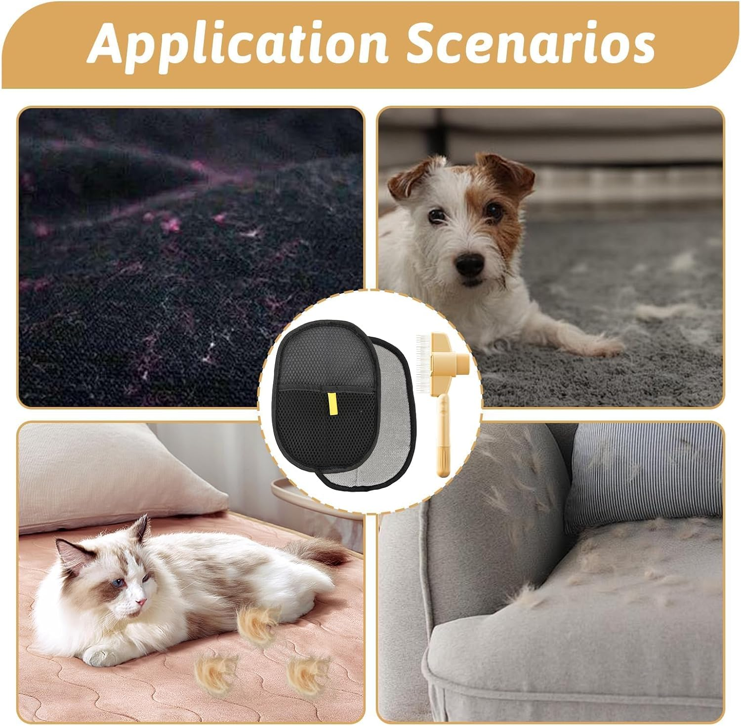 XXHUO Pet Hair Glove and Brushes, 1 Pair Anti-Static Gloves + 1 Hair Removal Brush + 1 Grooming Brush with 2 Hooks for Storing Cats Dogs Long Hair Short image number 5