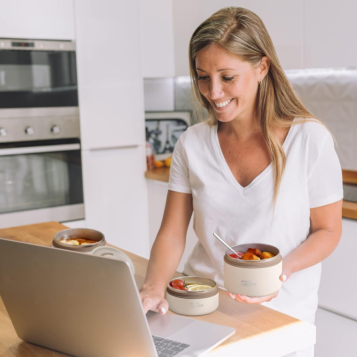 Thermal Bento Lunch Box Set, Portable Insulated Food Container Set with Bag, Separate Stackable Leakproof 304 Stainless Steel Lunch Container for Adult Kids Men Women (Beige-3 Pack) image number 6