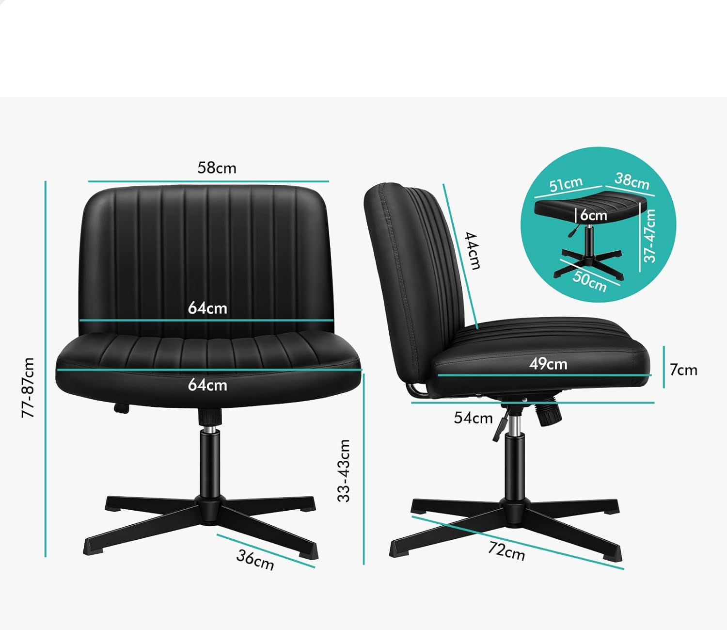 ALFORDSON Armless Criss-Cross Desk Chair with Ottoman Stool, Ergonomic Cross Leg Office Chair with Channel-Tufted Mid-Back Design, Tilt & Height Adjust and Swivel, 180Kg Max, Xavi PU Leather Black - Boucle White image number 4