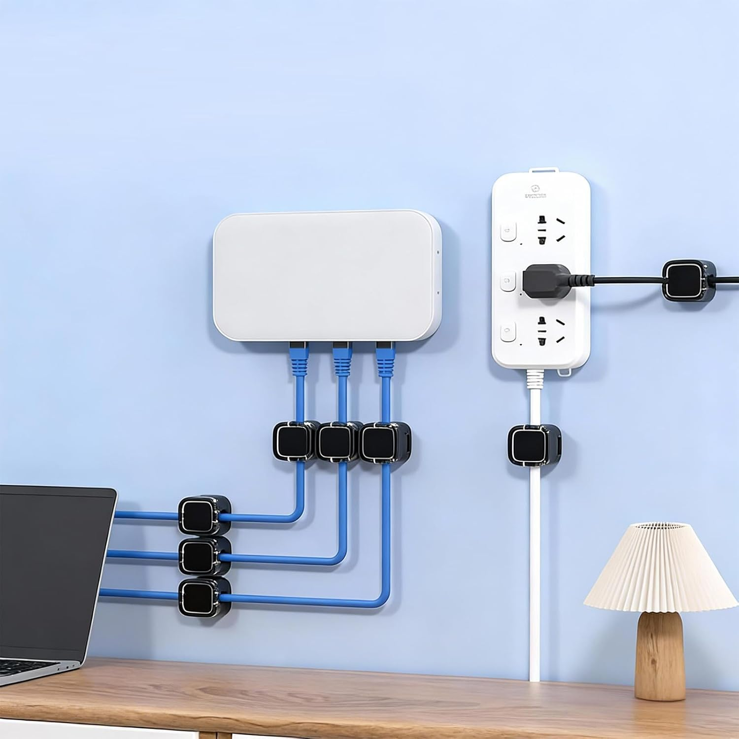 8-Pcs Cable Organiser, Magnetic Cable Holder & Clips with Strong Adhesive Strips, under Desk Cable Management for Phone Chargers, Office and Bedside (Black)