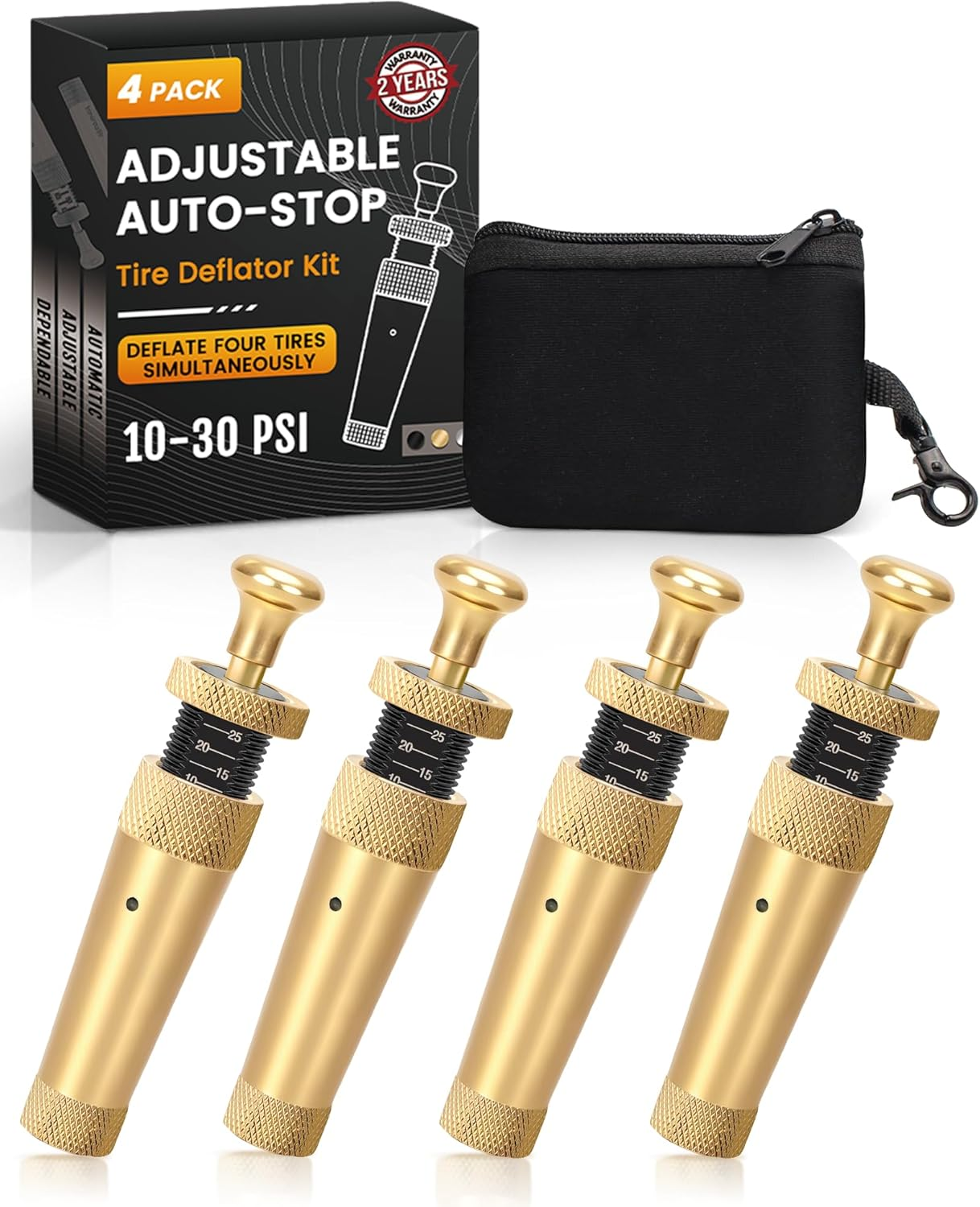 Adjustable Tire Deflator Kit 10-30Psi(4Pcs/Set),Auto-Stop Air down Tire Deflators Offroad Accessories Suit for Cars.Trucks