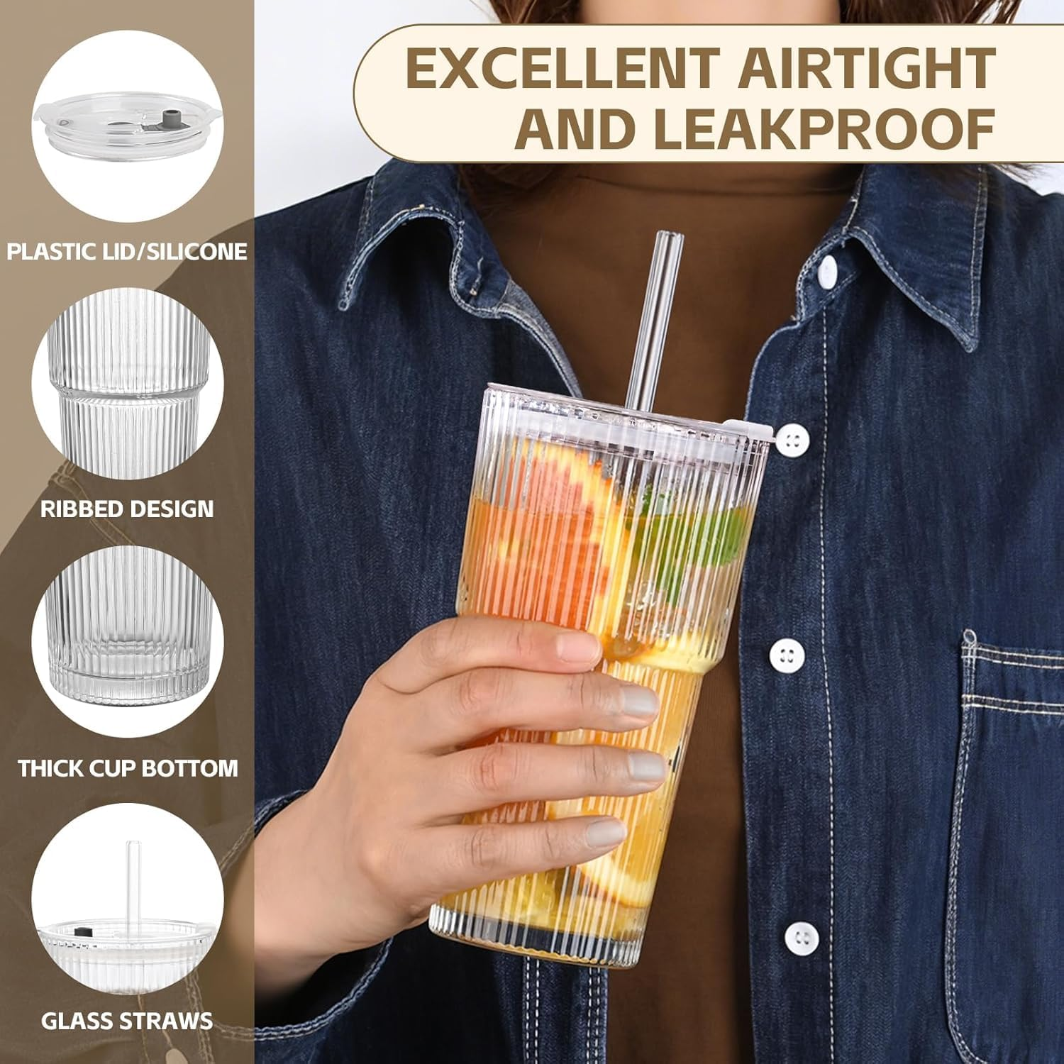 20 Oz Ribbed Glass Tumblers with Lids and Glass Straws &ndash; 4-Piece Glassware Set, Thickened Glass, Ideal for Iced Coffee, Smoothies, Cocktails, and Juices &ndash; Elegant and Durable Drinkware (4) image number 2