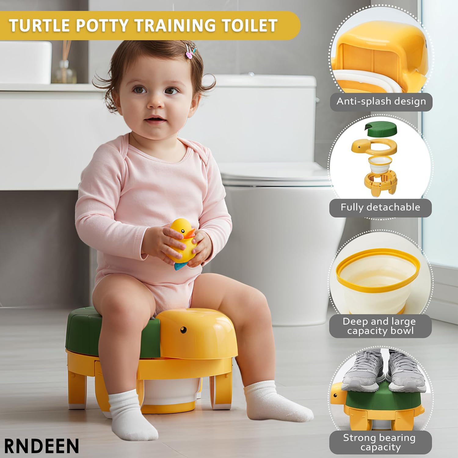 Rndeen 4-In-1 Training Toilet for Baby & Toddlers 0-48 Months Foldable Portable Travel Potty Seat Disposable Bags Cute Turtle Potty Easy Clean Easy Carry Perfect for Home Car On-The-Go Use (Yellow) - Green image number 4