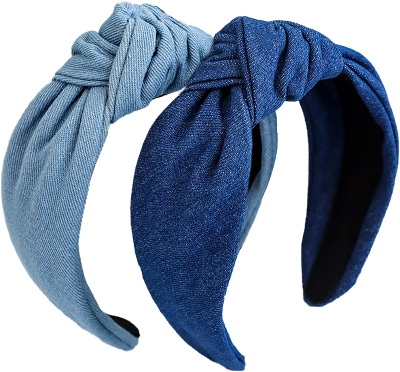 Pack of 2 Vintage Denim Knot Headbands Non-Slip Solid Wide Elastic Hair Bands with Cross Knotted Head Hair Accessories (Dark Blue Light Blue) image number 3