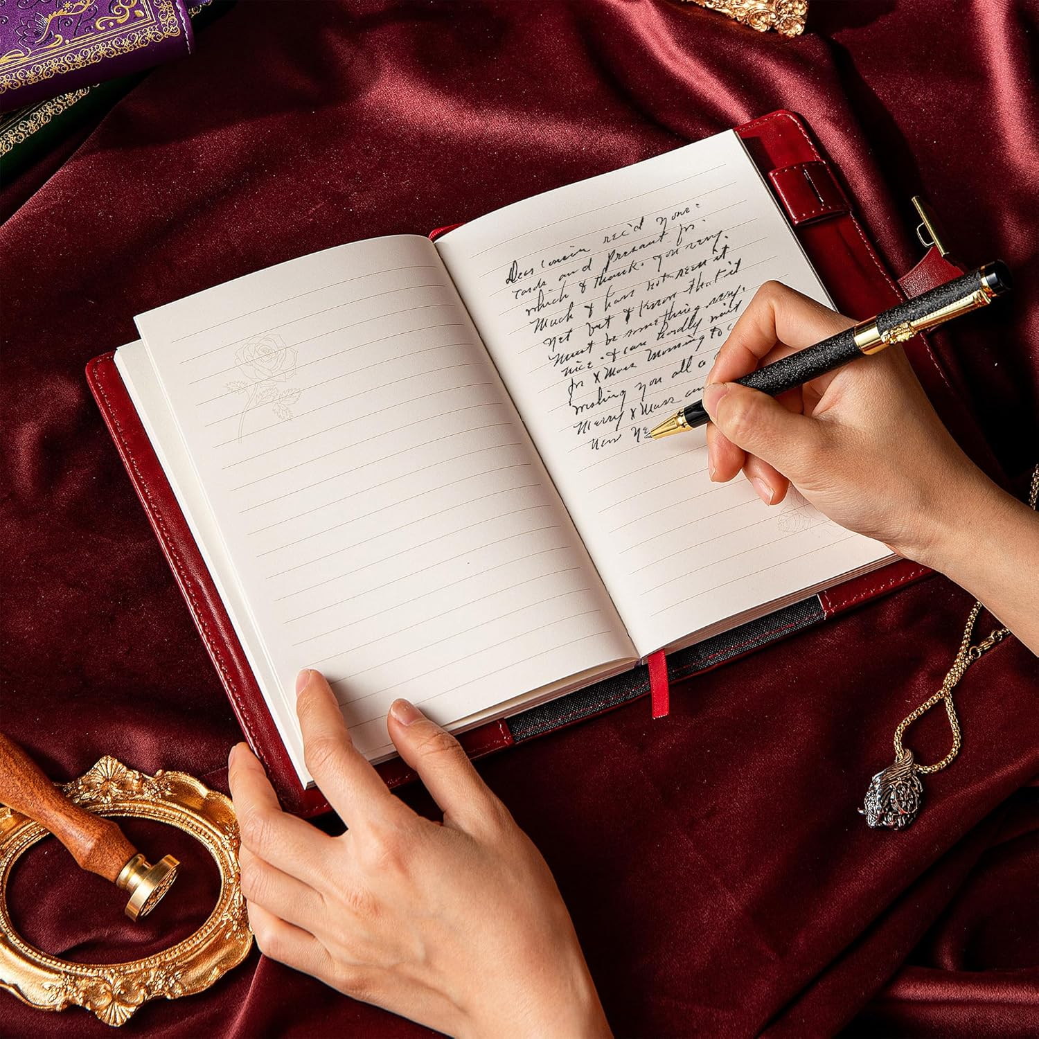 Vintage Leather Journal Notebook with Combination Lock, B6 Embossed Flower Secret Diary Ruled Lined Paper for Writing Women Girls Children (Wine) - Black image number 6