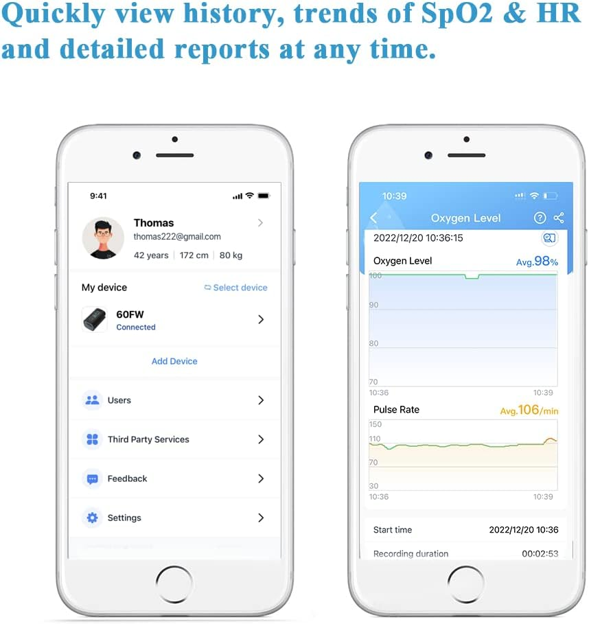 Wellue Fingertip Blood Oxygen Saturation Monitor with Alarm, Batteries, Carry Bag & Lanyard for Wellness Use PC-60FW Bluetooth image number 5