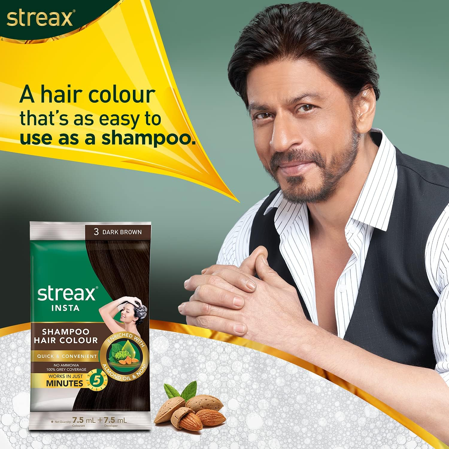Streax Insta Shampoo Hair Colour for Men & Women | Enriched with Almond Oil & Noni Extracts | Long-Lasting Instant Colour | Dark Brown, 15 Ml (Pack of 24) image number 3
