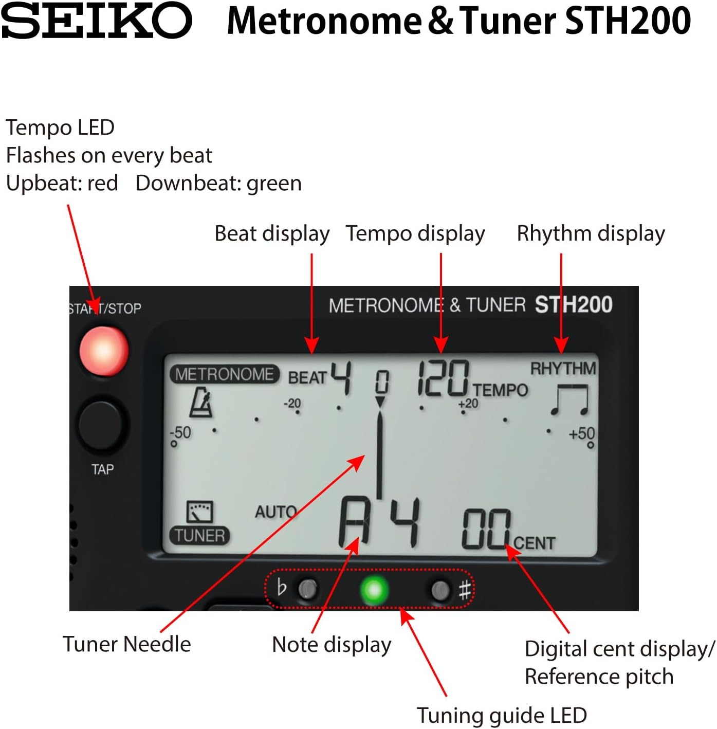Seiko STH200BL Metronome Tuner, Loud Volume, Can Be Attached to Music Stands, Perfect for Brass Band, Blue - White image number 6