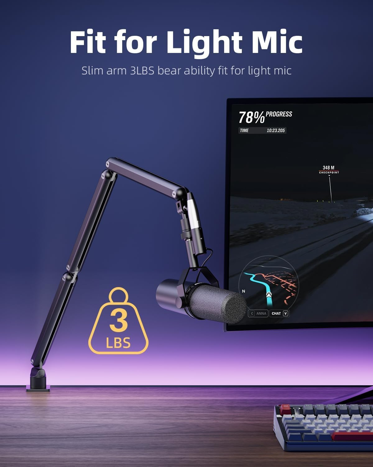 Mic Arm, Low Profile Microphone Arm Stand with Desk Mount Clamp, Boom Arm with Cable Management, Adjustable Mic Stand for Mics up to 3LB, 3/8'' 5/8'' Adapter for Podcast, Gaming, Streaming image number 1