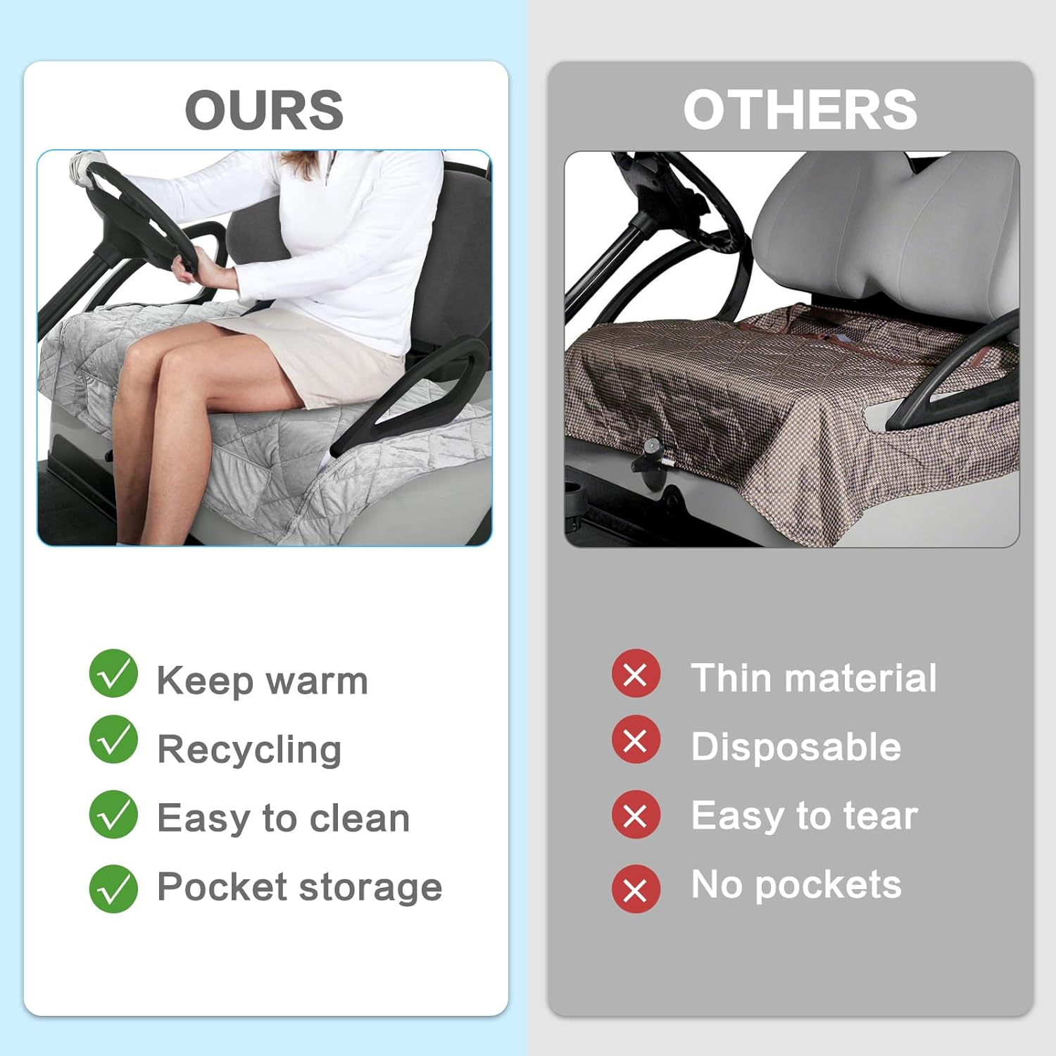 Universal Waterproof Heavy Duty Golf Cart Seat Cover - Gray, Cotton, for Club Car DS Precedent EZGO TXT RXV, 2-Person Seats with Armrests image number 3