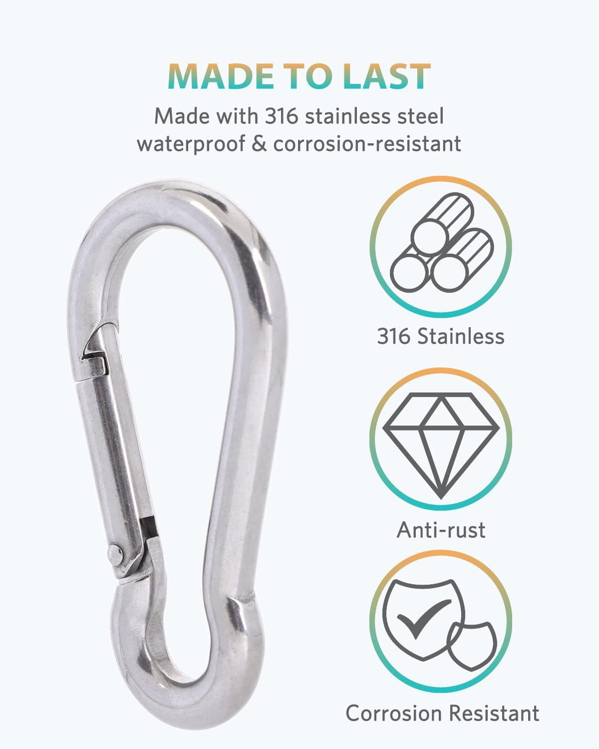316 Stainless Steel Carabiner Clips - Heavy Duty Hooks, Keychain, Multi-Purpose Spring Snap Hook for Dog Leash, Outdoor Camping, Swing, Hammock