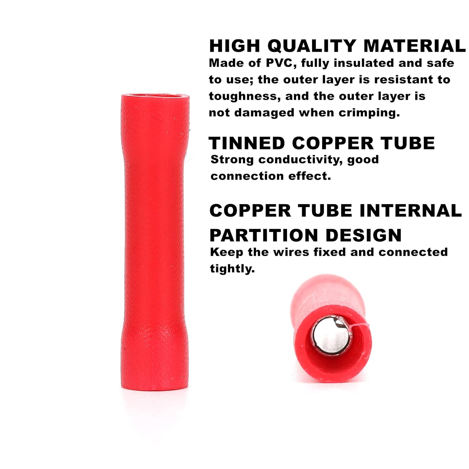 Ruimou 50Pcs Red 19A AWG 22-16 Crimp Copper Tube Butt Connector, Insulated PVC Terminals for Wire Cable, Car, Family,Electrical (Red) image number 2